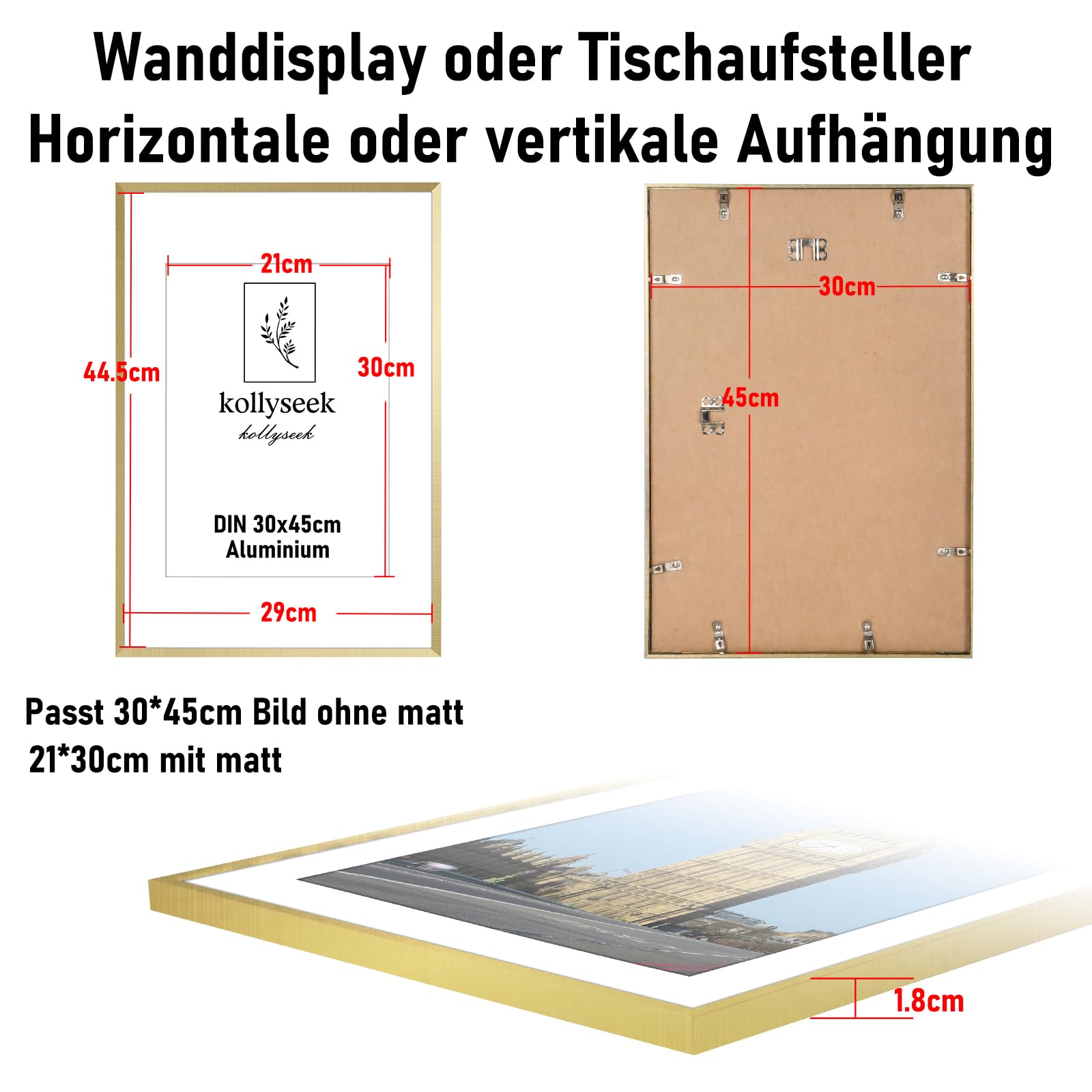 3 Cornici Portafoto In Alluminio 40x60 Cm - Con Vetro Plexi Infrangibile E Passepartout, Nero - Foto 6