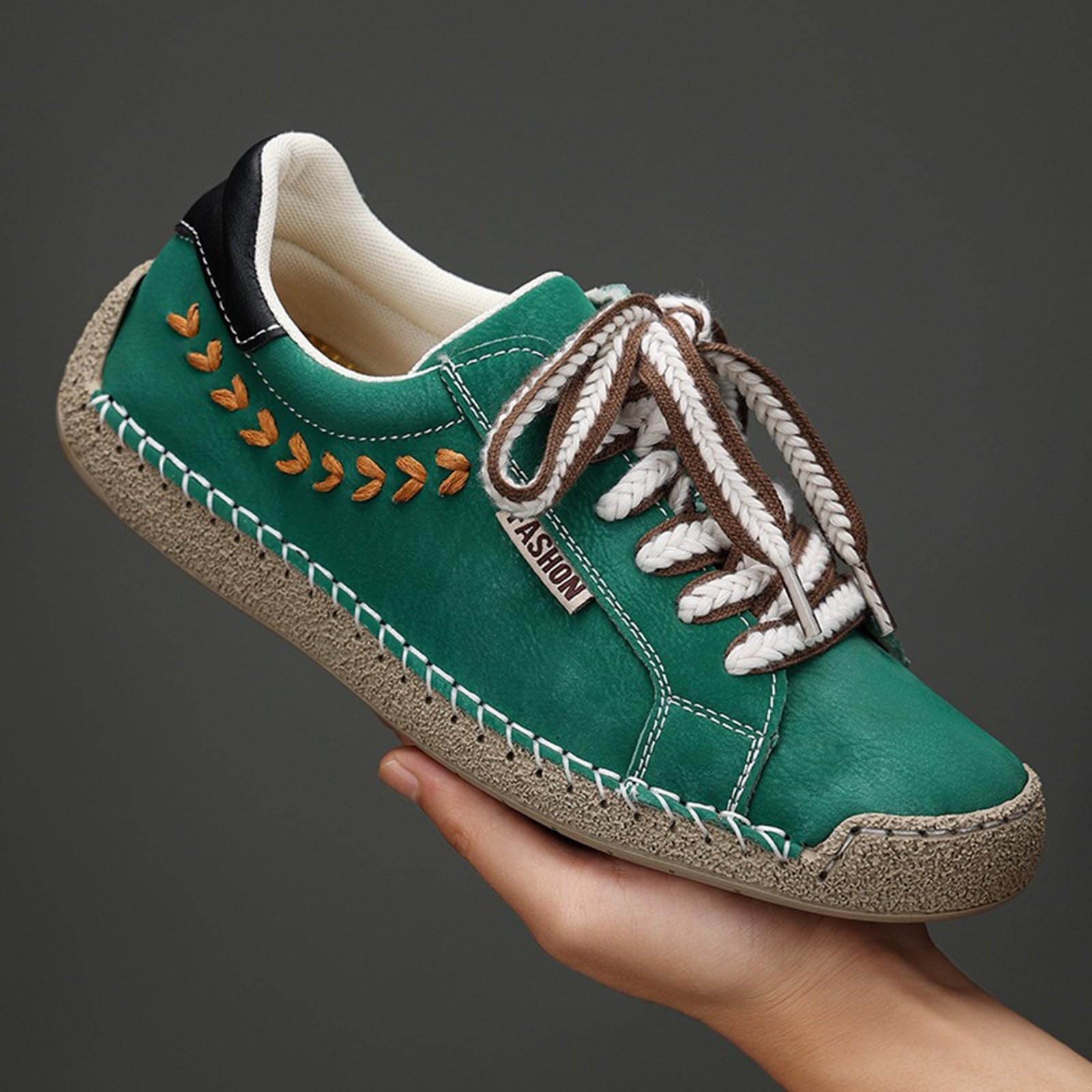 Low-Top-Sneaker für Damen und Herren, flache Stickerei, Schnürschuh, grün | Handgenähte, runde Zehenpartie, breite Passform, rutschfest, Unisex, Freizeit-Sneaker, Wanderschuhe, Urlaub, Büro