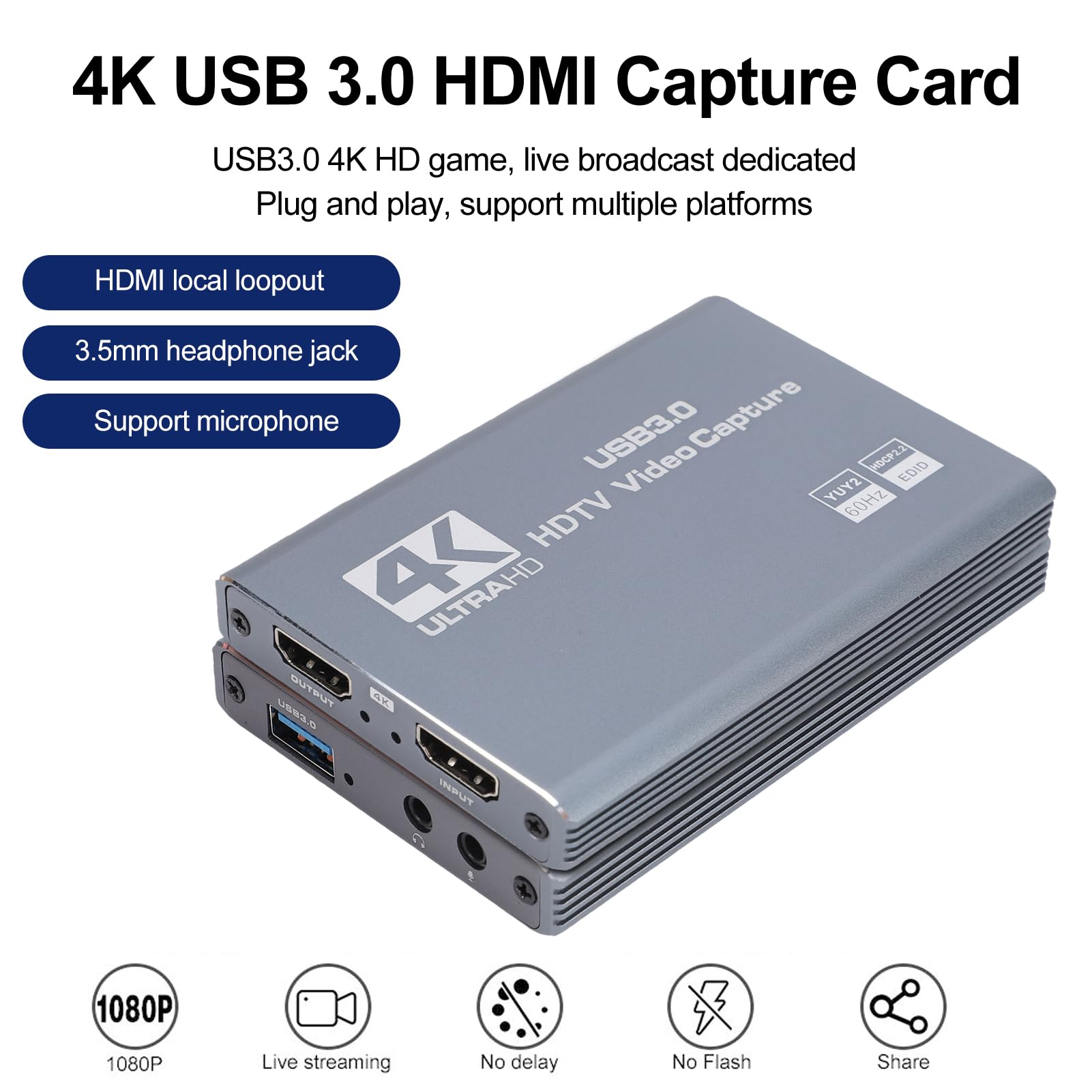 Tarjeta de Captura HDMI 4K para Streaming, 1080P 60FPS USB 3.0, Dispositivo de Captura de Vídeo HDMI, Latencia Cero para Streaming, Grabación, Juegos, Plug and Play