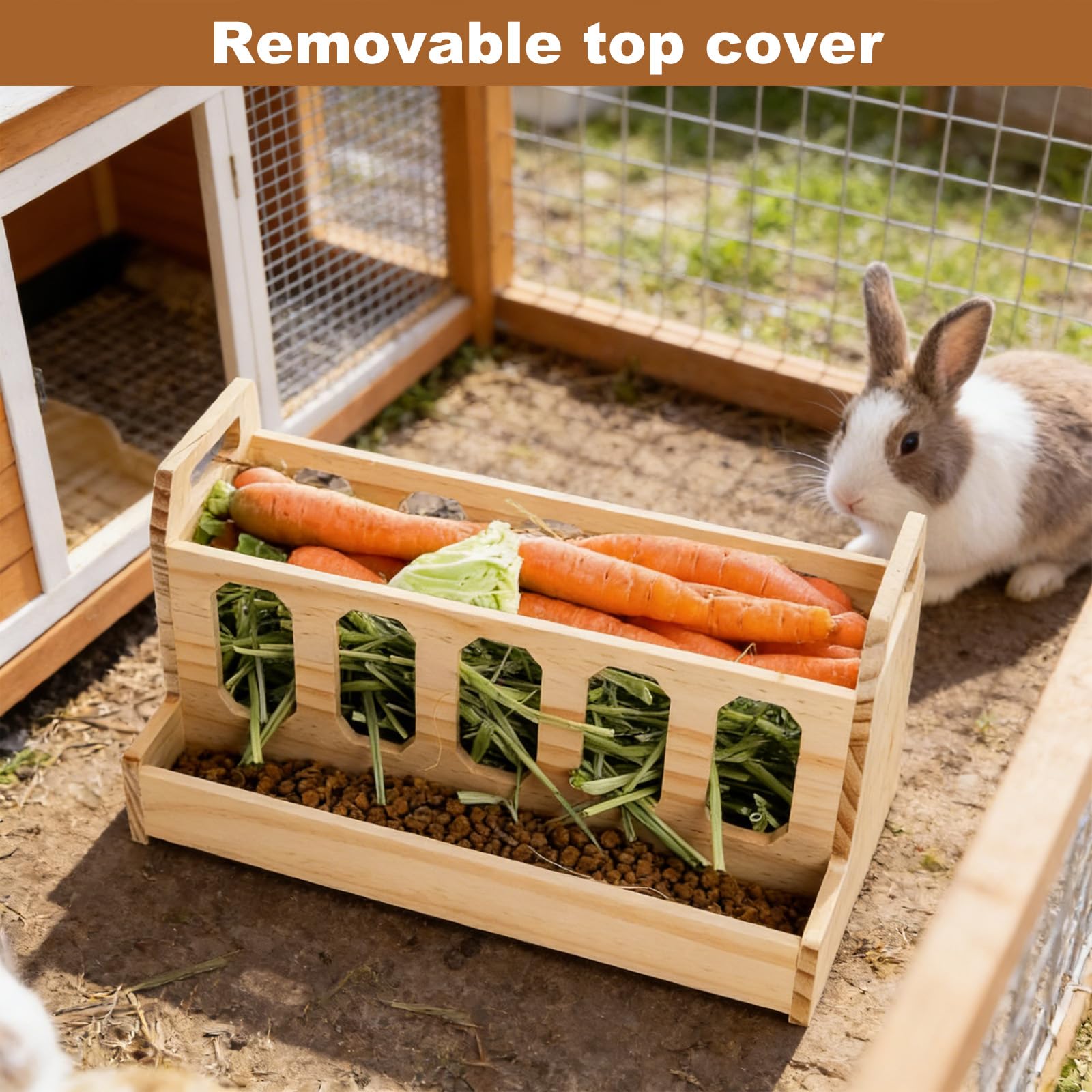 Comedero de madera para heno con soporte para zanahorias (30 x 20 x 18 cm) – Autorellenable para conejillos de indias, conejos, hámsteres, ratones, ratas