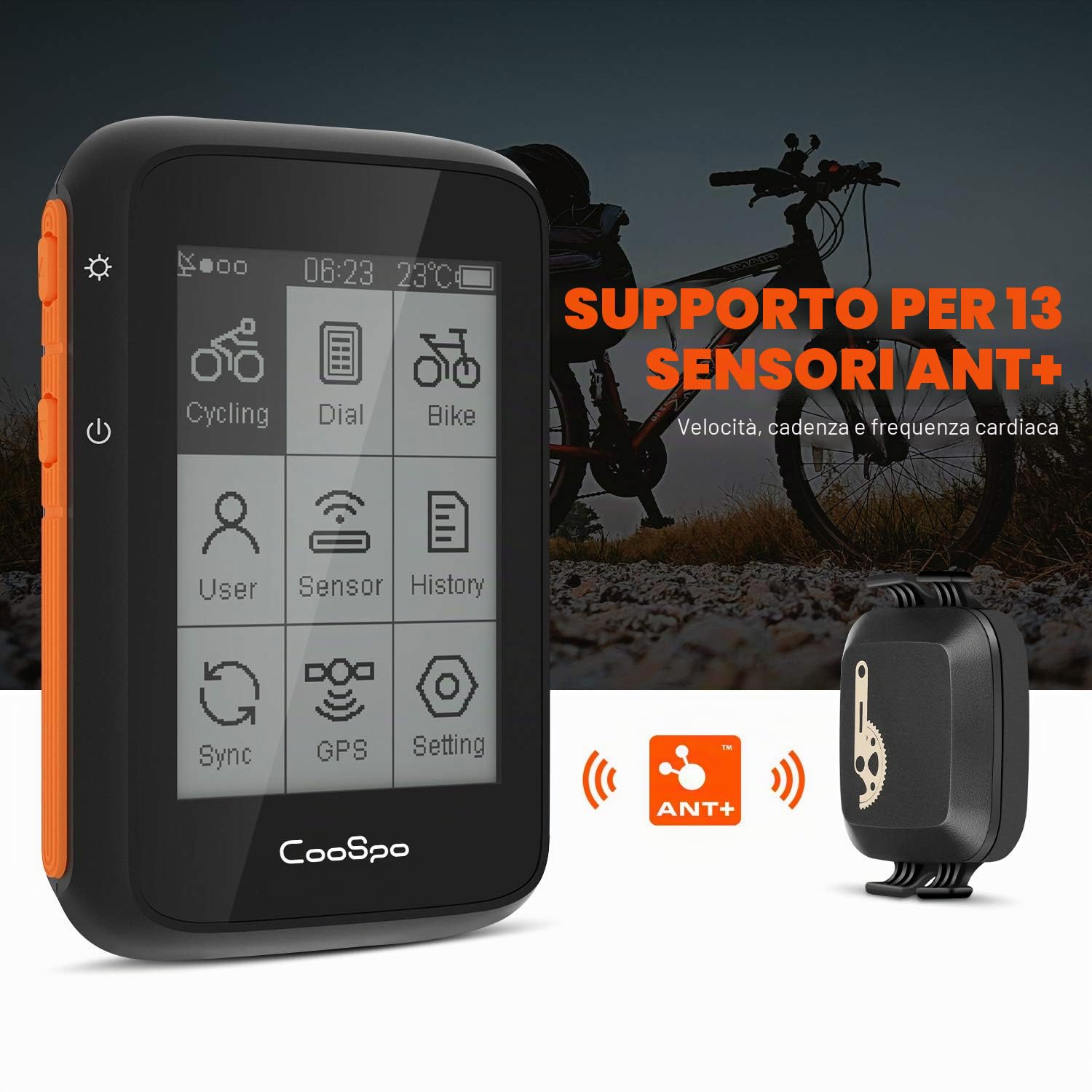 COOSPO BC200 Ciclocomputer GPS Bluetooth 5.0 ANT+, Computer Bicicletta Senza Fili Wireless con LCD schermo 2.4" Retroilluminazione Automatica, Tachimetro Contachilometri Bici Impermeabile IP67