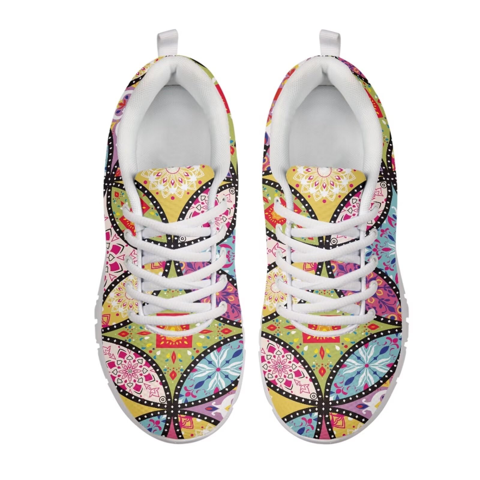 Fuxowvby Women's Abstract Lightweight Tennis Sneakers Non-Slip Walking Shoes Lace-Up Running Shoes Breathable Workout Shoes Cozy Sport Exercise Gym Shoes for Teen Girls White Sole US 6
