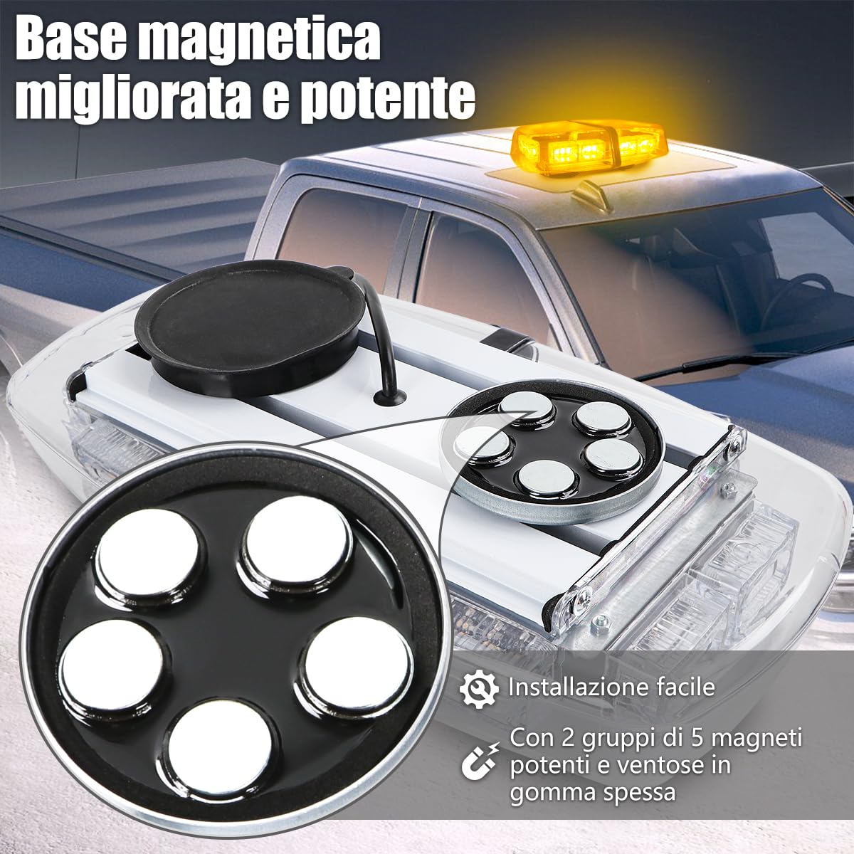 Mini Barra LED Stroboscopica Magnetica 36 LED Ambra 12V/24V, Luce di Emergenza con 7 Modalità Flash IP66 per Camion, Taxi, Veicoli da Cantiere e Sicurezza Stradale
