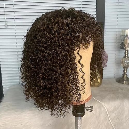 Miniatura 3 de Pelucas cortas de cabello humano rizado estilo Bob con flequillo, color marrón chocolate, para usar y llevar, sin encaje frontal, pelucas de cabello