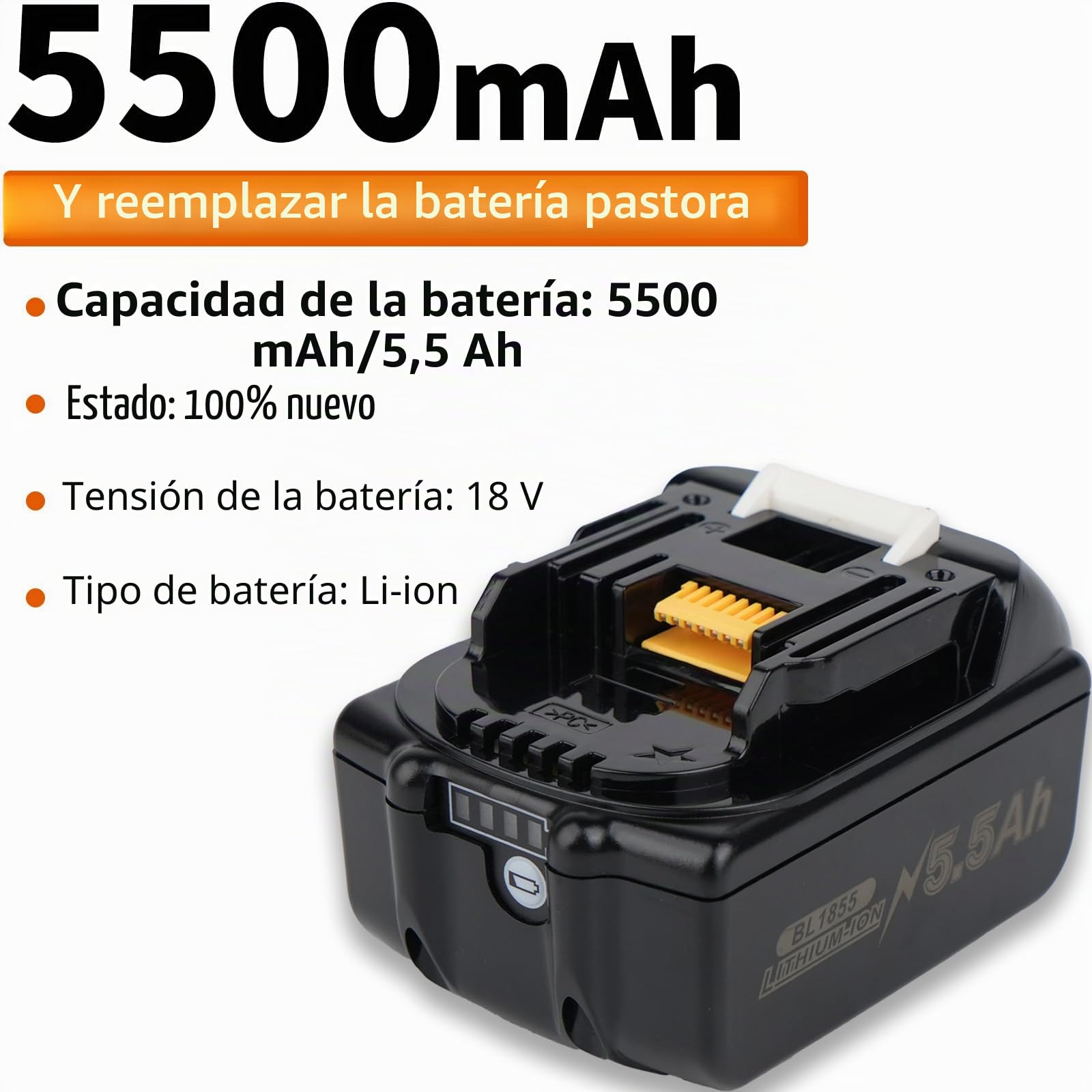 5,5 Ah Batería de repuesto para baterías Makita de 18V con cargador DC18RC Compatible con BL1860, BL1860B, BL1850, BL1850B, BL1840, BL1840B, BL1830, BL1830B, BL1815, BL1825, BL1835, BL1845, 194205-3