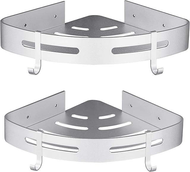 Hoomtaook Corner Shower Caddy Shower Shelf No Drilling Bathroom Caddy Storage Shower Organiser Rustproof Aluminum Wall Mounted 2 Packs with Hooks Silver