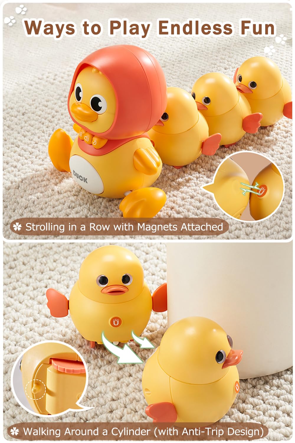 Juego de 4 juguetes para gatear para bebés, patos magnéticos que se balancean para bebés, juguetes para el tiempo boca abajo con música y luces, regalo de primer cumpleaños para niños y niñas 6