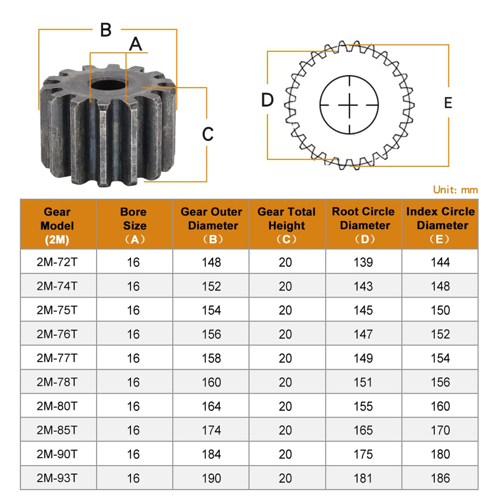 Set pignone 1 pezzo 2 moduli 72/74/75/76/77/78/80 denti ingranaggi cilindrici piatti in acciaio al carbonio, ingranaggi cilindrici for trasmissione di potenza for cremagliere, 2 moduli 75 denti (Color