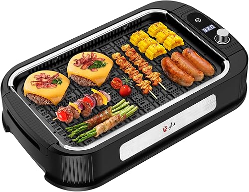 Parrilla de interior, parrilla eléctrica para interiores sin humo con tecnología de extractor de humo turbo, superficies de cocción antiadherentes,