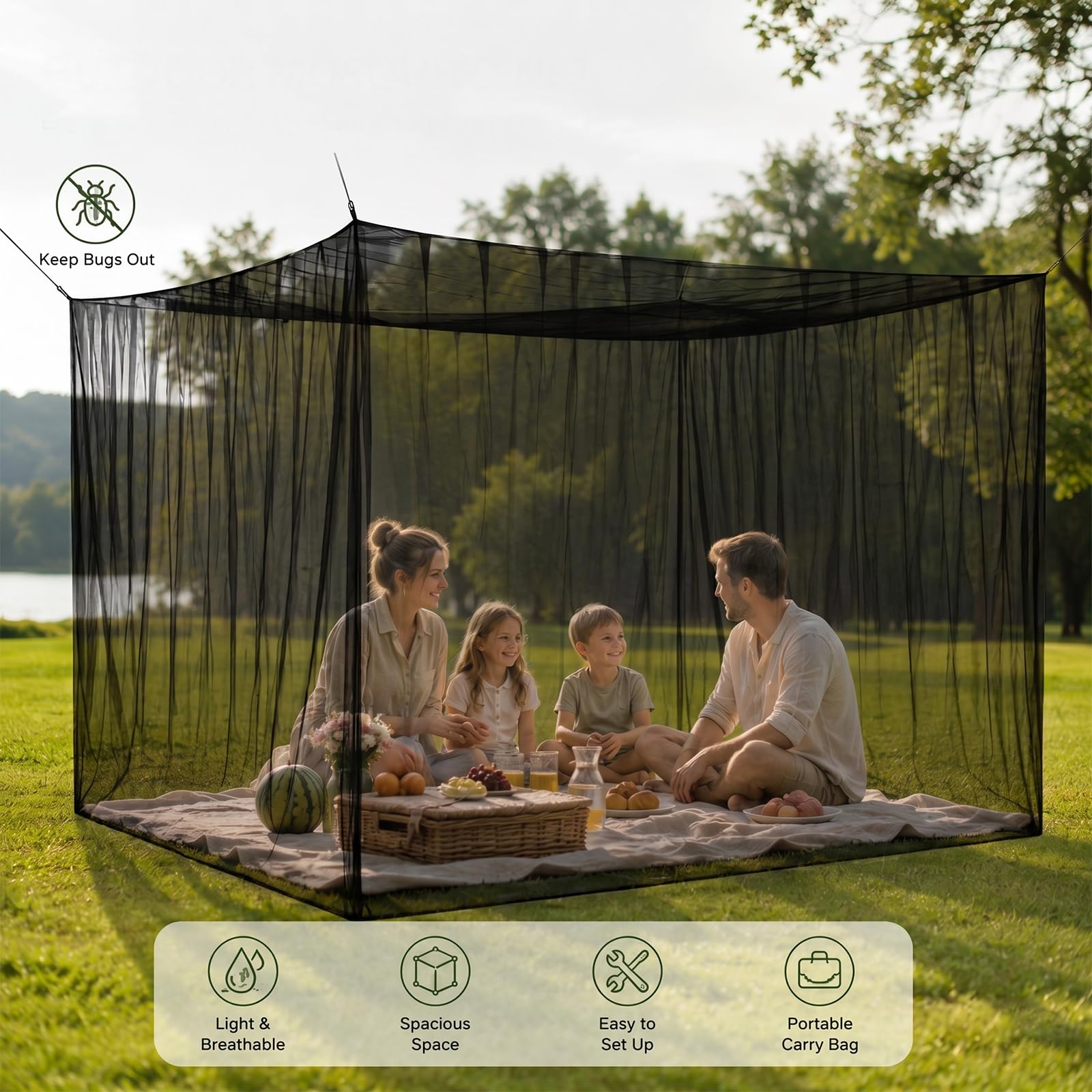 Moustiquaire 300 x 300 x 250 cm, grande moustiquaire pour lit double, tente de camping fermée portable, pour extérieur, jardin, balcon, terrasse, tonnelle (noir)