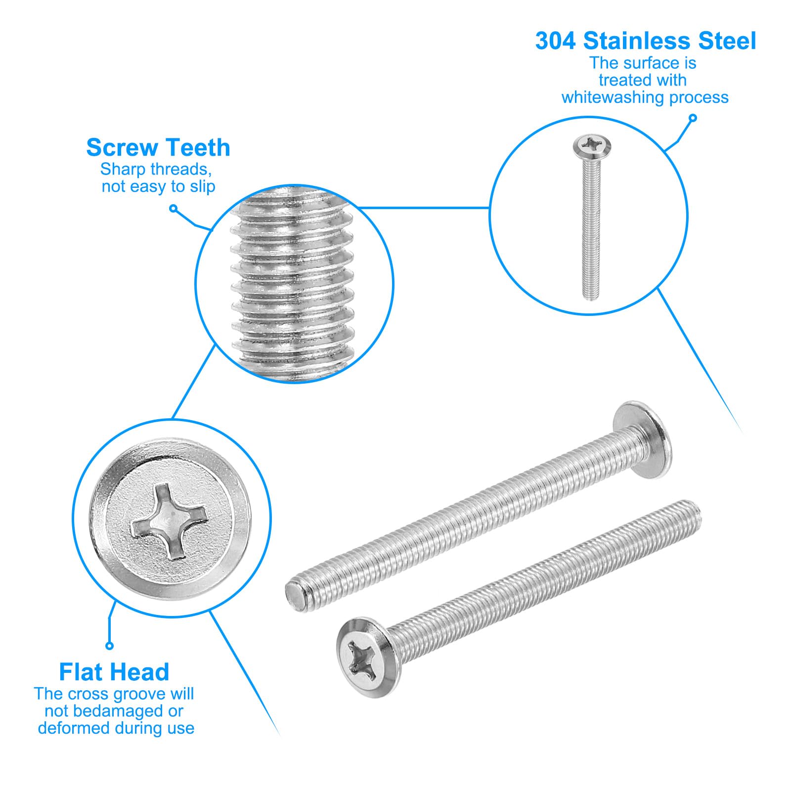 PATIKIL Flat Round Head Phillips Screws, 8 Pack M6-1 x 70mm Binding Screws 304 Stainless Steel 18-8 Full Thread - Image 3