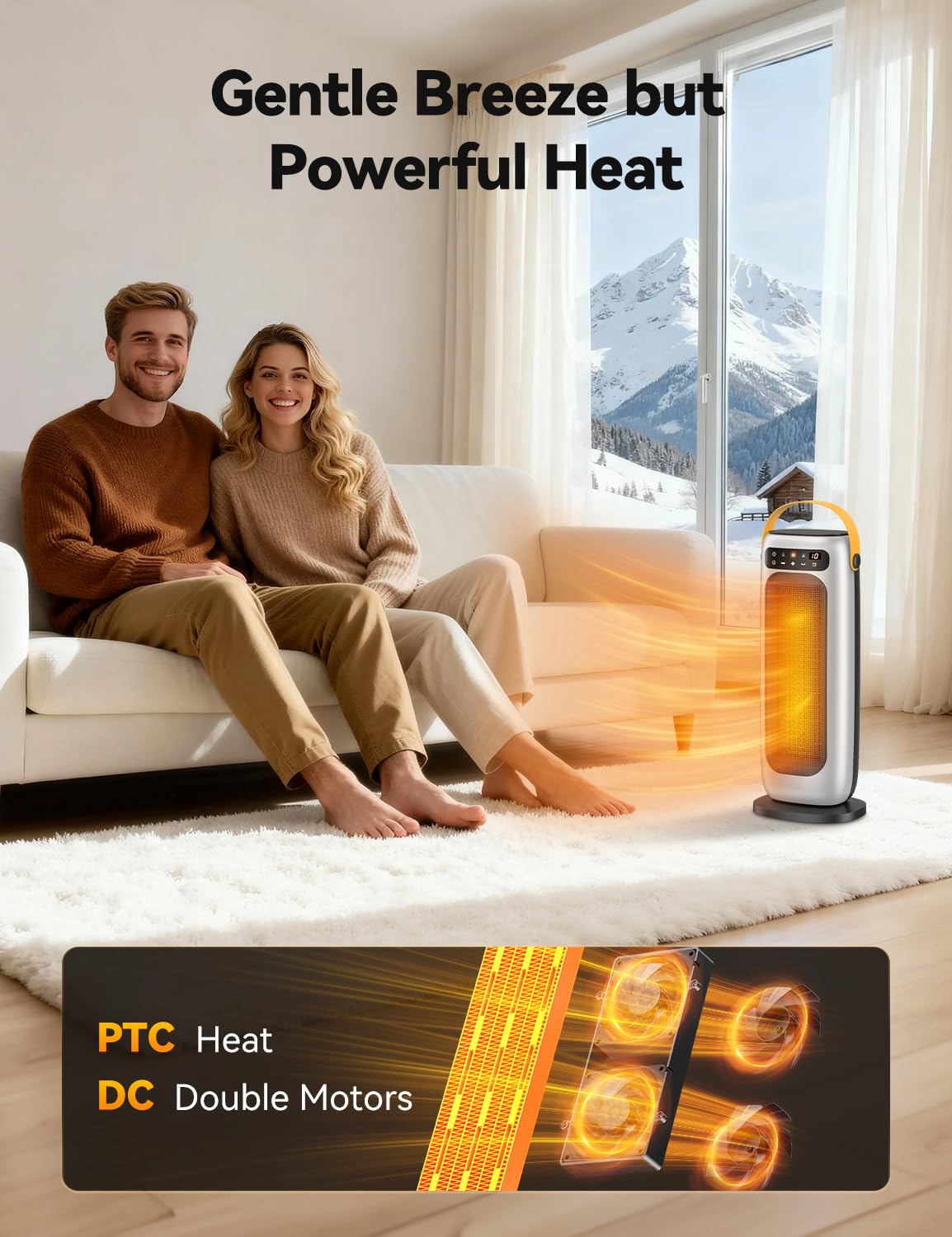 Elektryczny grzejnik ceramiczny PTC 1500W do domu z pilotem, 4 poziomy ogrzewania, dotykowy wyświetlacz LED, oscylacja 110°, timer 10h, zabezpieczenie przed przegrzaniem i przewróceniem, przenośny.