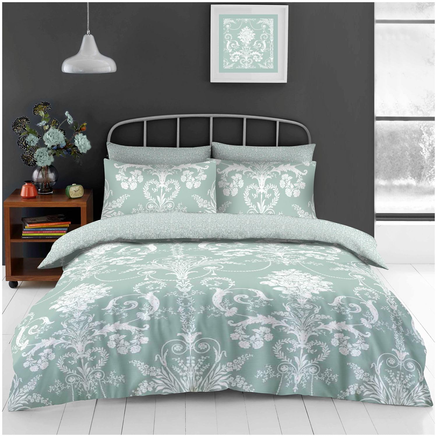 GC GAVENO CAVAILIA Damask Floral Complete Bedding Set, Breathable Soft & Cosy Botanical Reversible Bedlinen Comforter Cover Set 3Pc, Single Bed, Duck Egg