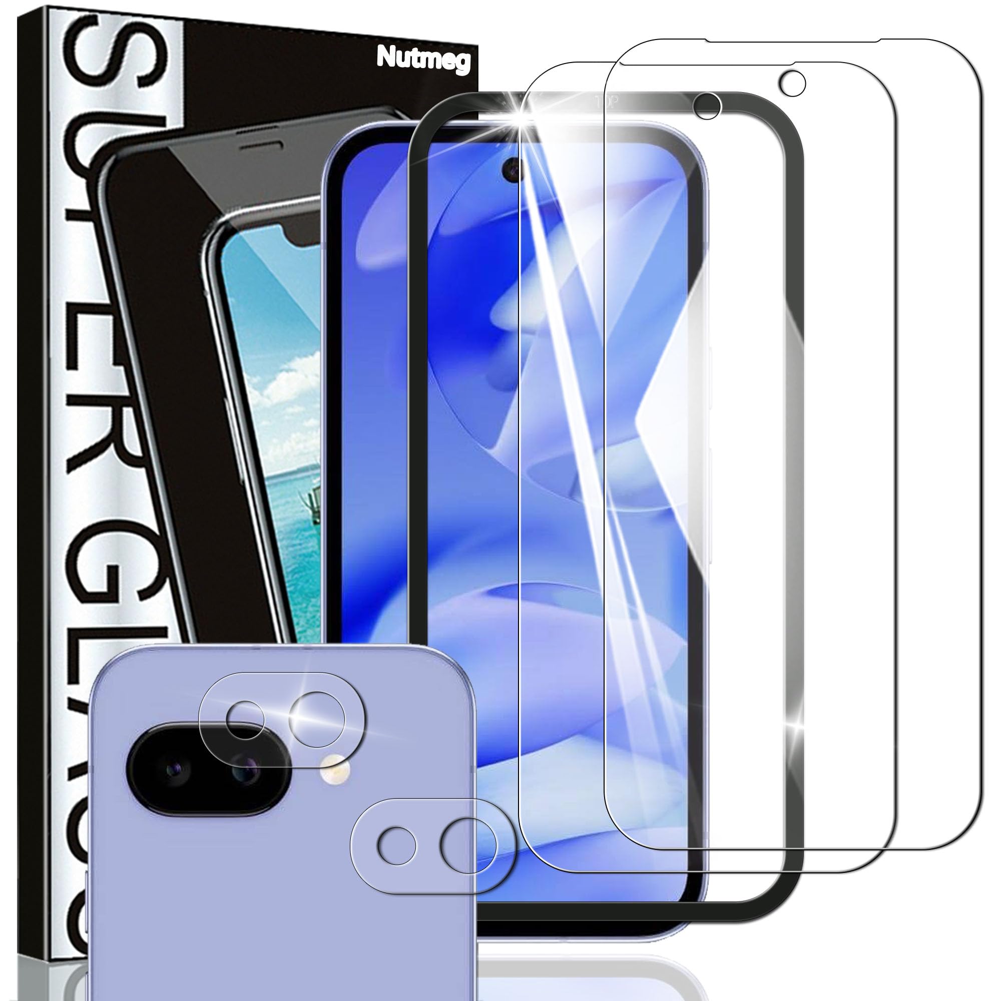 Nutmeg【ガイド枠付き 2枚＋2枚】対応 Google Pixel 10a 用の ガラスフィルム 2枚 + Google Pixel 10a 用の カメラフィルム【日本旭硝子素材製】フィルム グーグルピクセル10a 用の 保護フィルム 強化ガラス 衝撃吸収 指紋防止 硬度9H 飛散防止 撥水撥油 干渉しない 貼り付け簡単