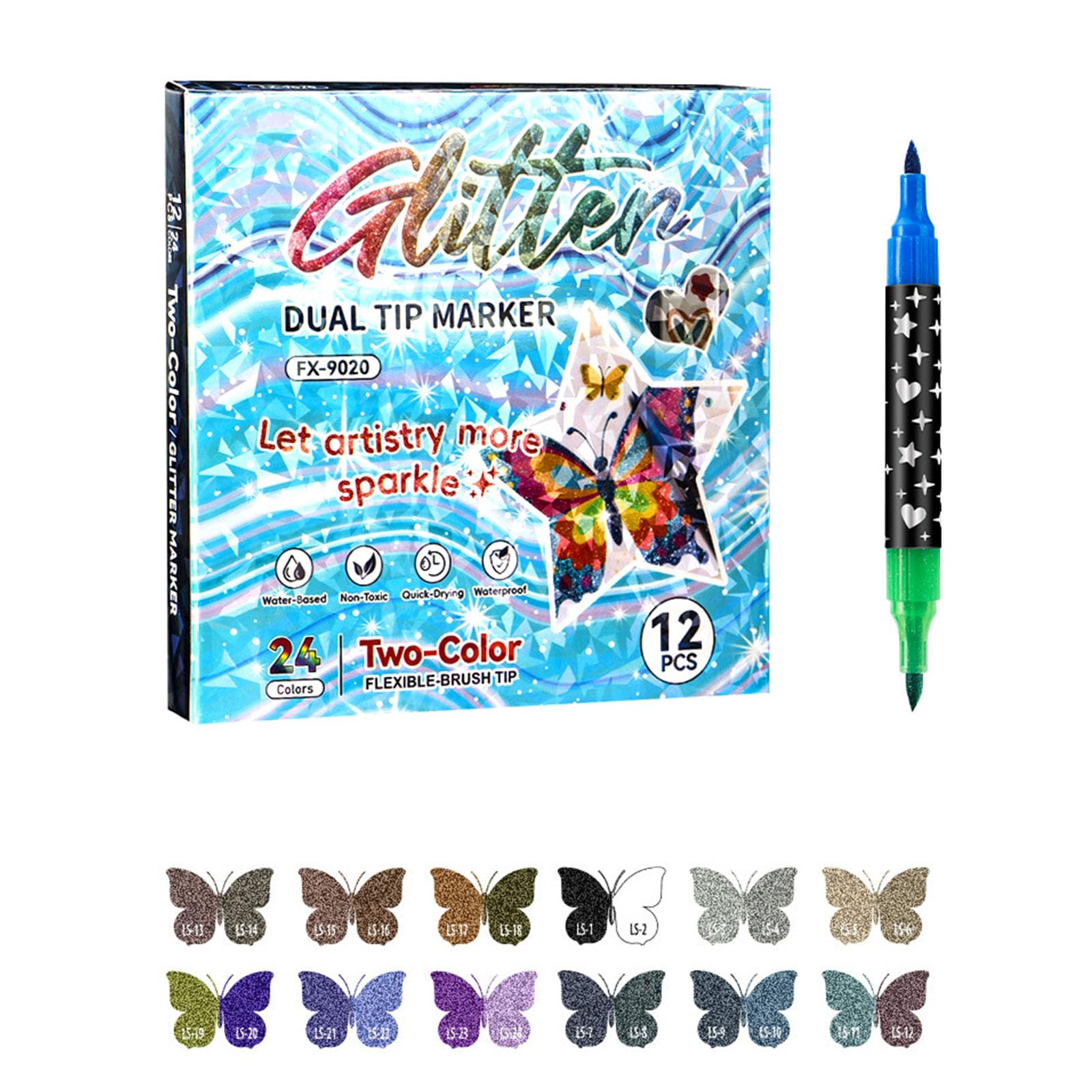 Pennarelli a doppia punta glitterati pennello morbido penne ad acquerello per bambini Disegno artistico Design flessibile Pennarelli da disegno Set di pennarelli a doppia punta