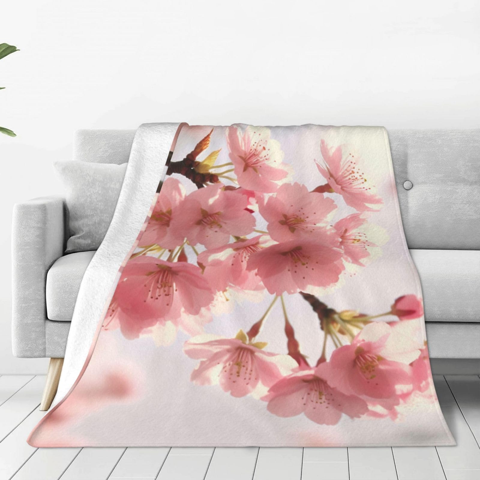 Cherry Blossom Throw Blanket 50"x40" Flannel Fluffy Warm Blanket for Couch, Reversible Plush Blankets for Bed, Comfy Fuzzy Blanket for Sofa, Plush Lightweight-Blankets for All Season