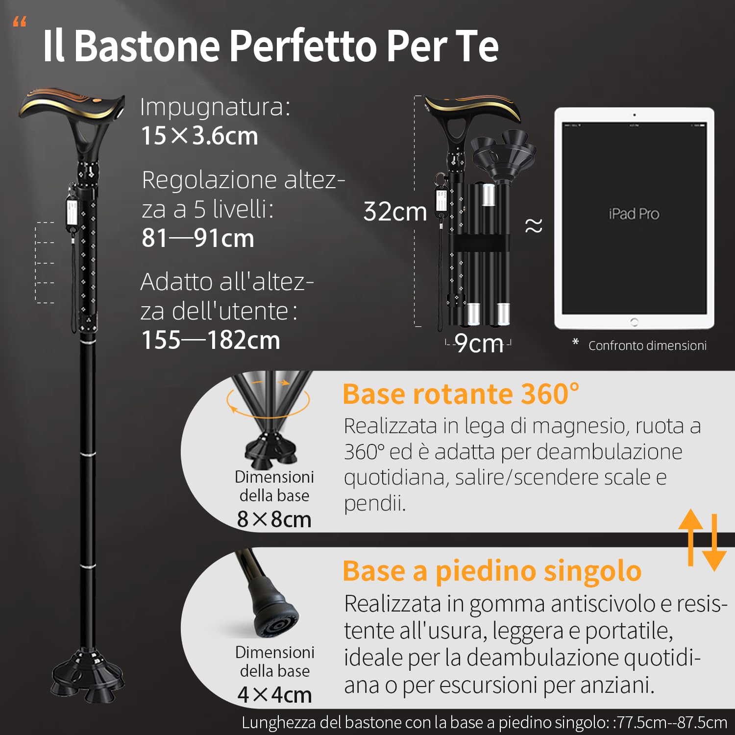 Bastone da passeggio pieghevole multifunzionale con luce, bastoni da passeggio alla moda per donne e uomini Bastoni da passeggio regolabili per anziani Ricarica diretta USB Leggero e