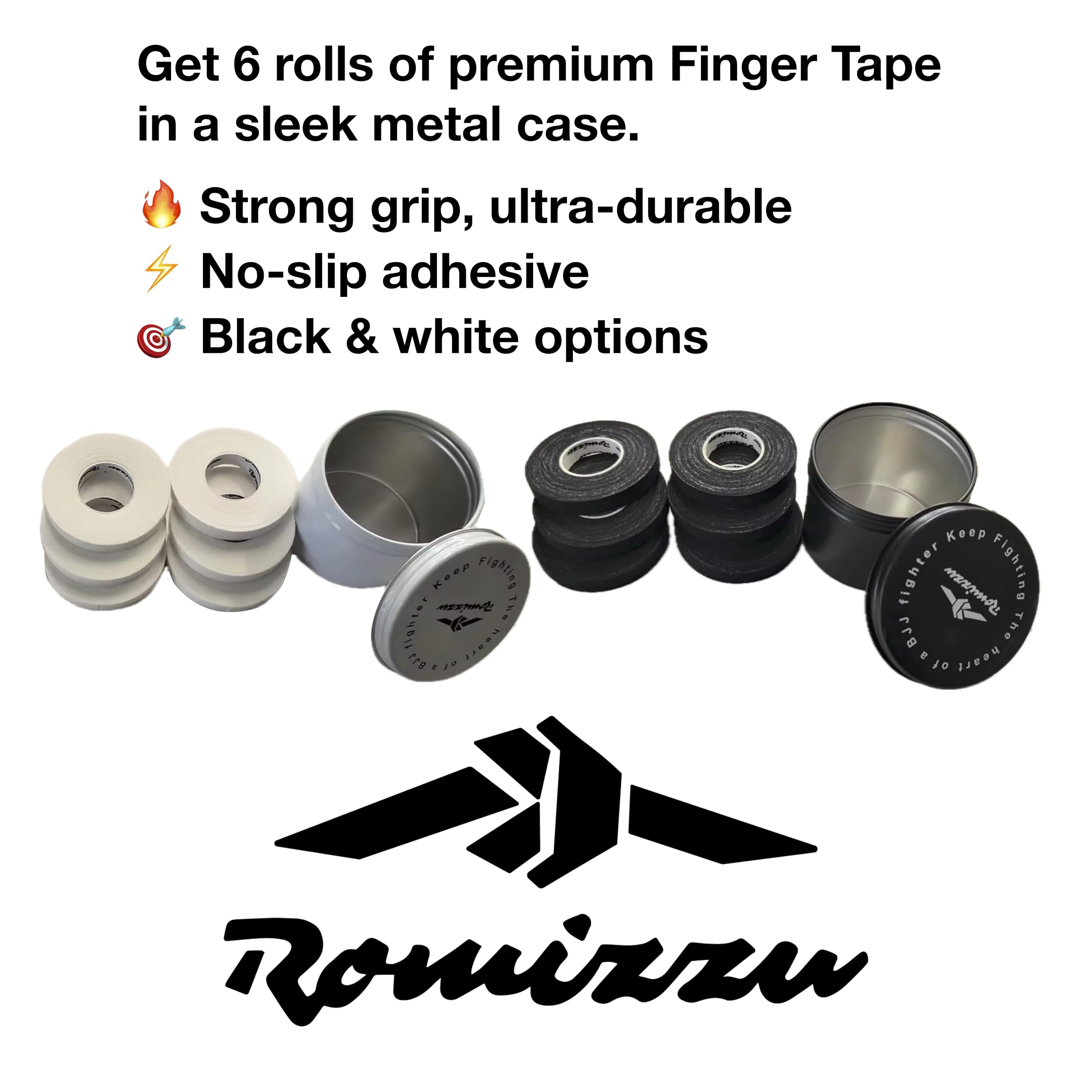 Premium Finger Tape – Includes Metal Storage Case & Gift Packaging – 6 Rolls 8m x 8mm 100% Cotton Strong Adhesive Finger Tape Sweatproof & Non-Slip for BJJ, Climbing, Crossfit & Sports (Black)