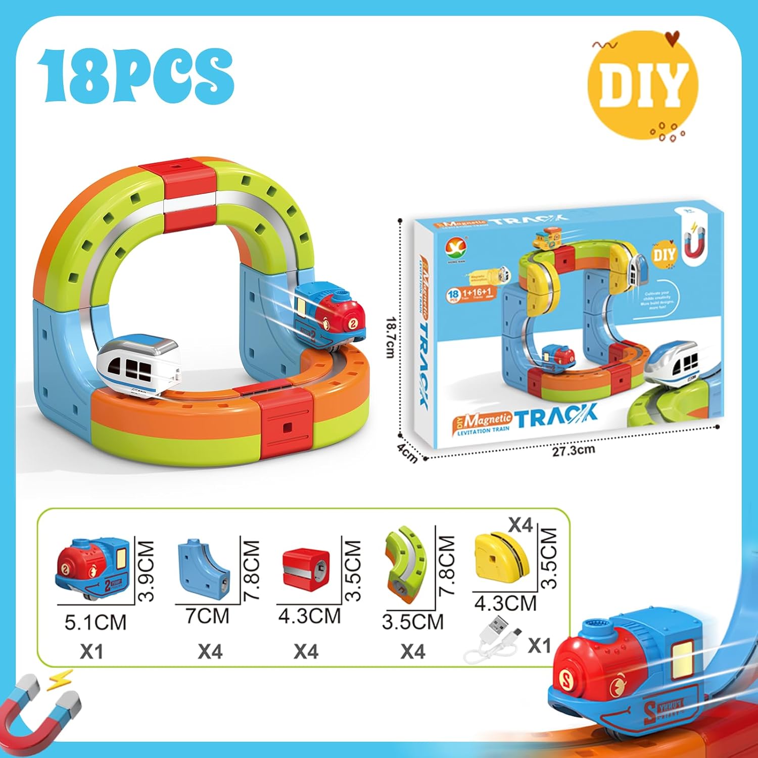 18pcs Magnetic Train Track Set, Educational Building Toy with Colorful Multi-Level Railway System, Racing Track Construction Playset