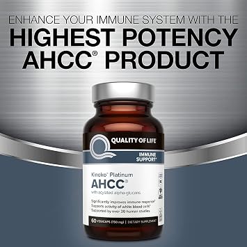 Quality of Life AHCC Kinoko Platinum 750 mg Premium Immune Support Supplement - Pack of 2, 60 Count Bottles