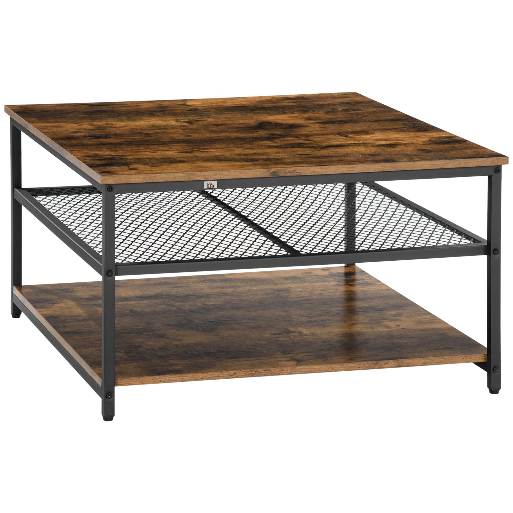 HOMCOM Coffee Table, 3-Tier Storage Shelves for Home Office, Rustic Brown
