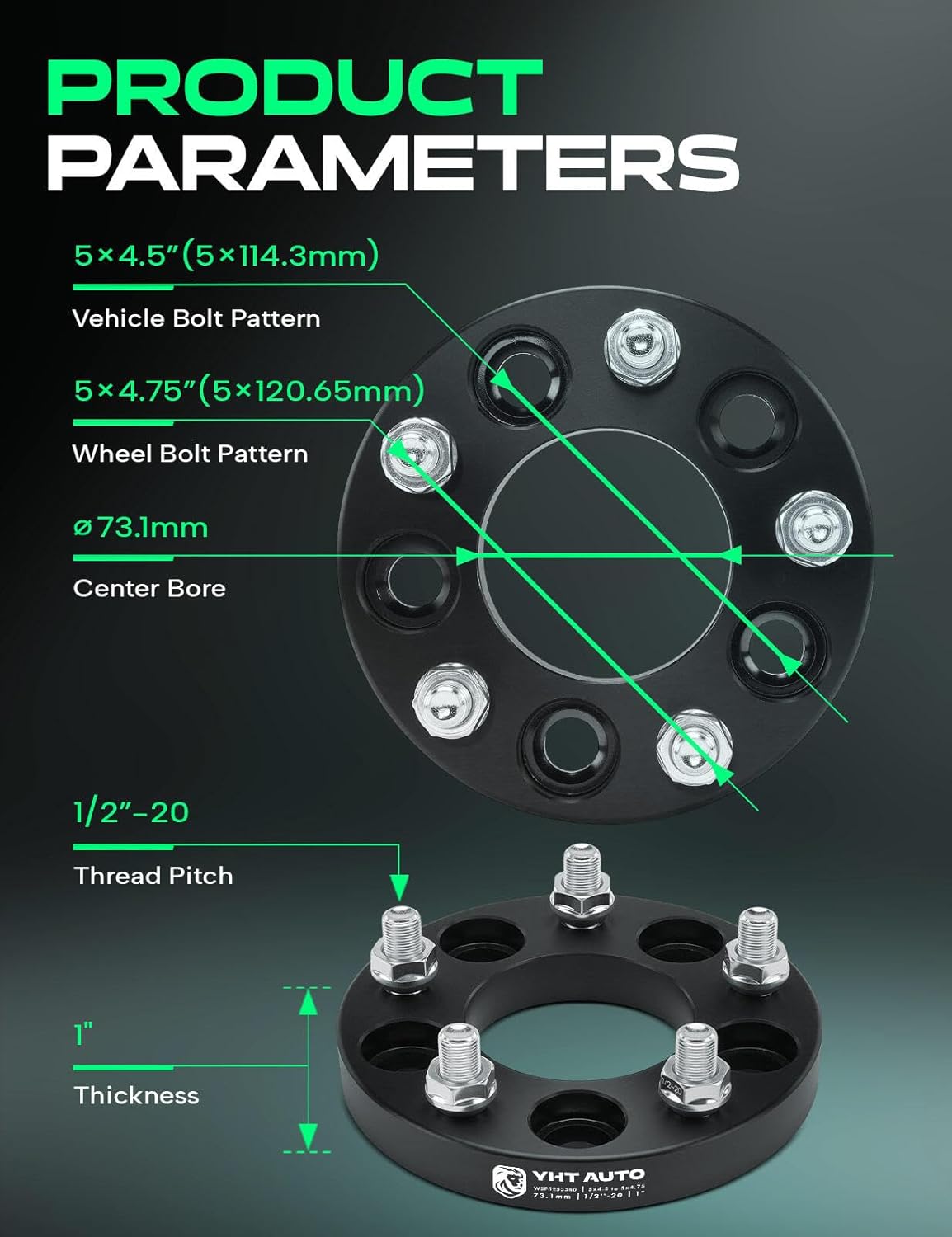 YHTAUTO 5x4.5 to 5x4.75 Wheel Adapters 1 Inch Compatible with Ford Explorer, Jeep, Dodge, Lincoln, Tire Spacers w/1/2-20 & 12.9 Grade Studs, 73.1mm Center Bore 5 Lug 4PCS Black
