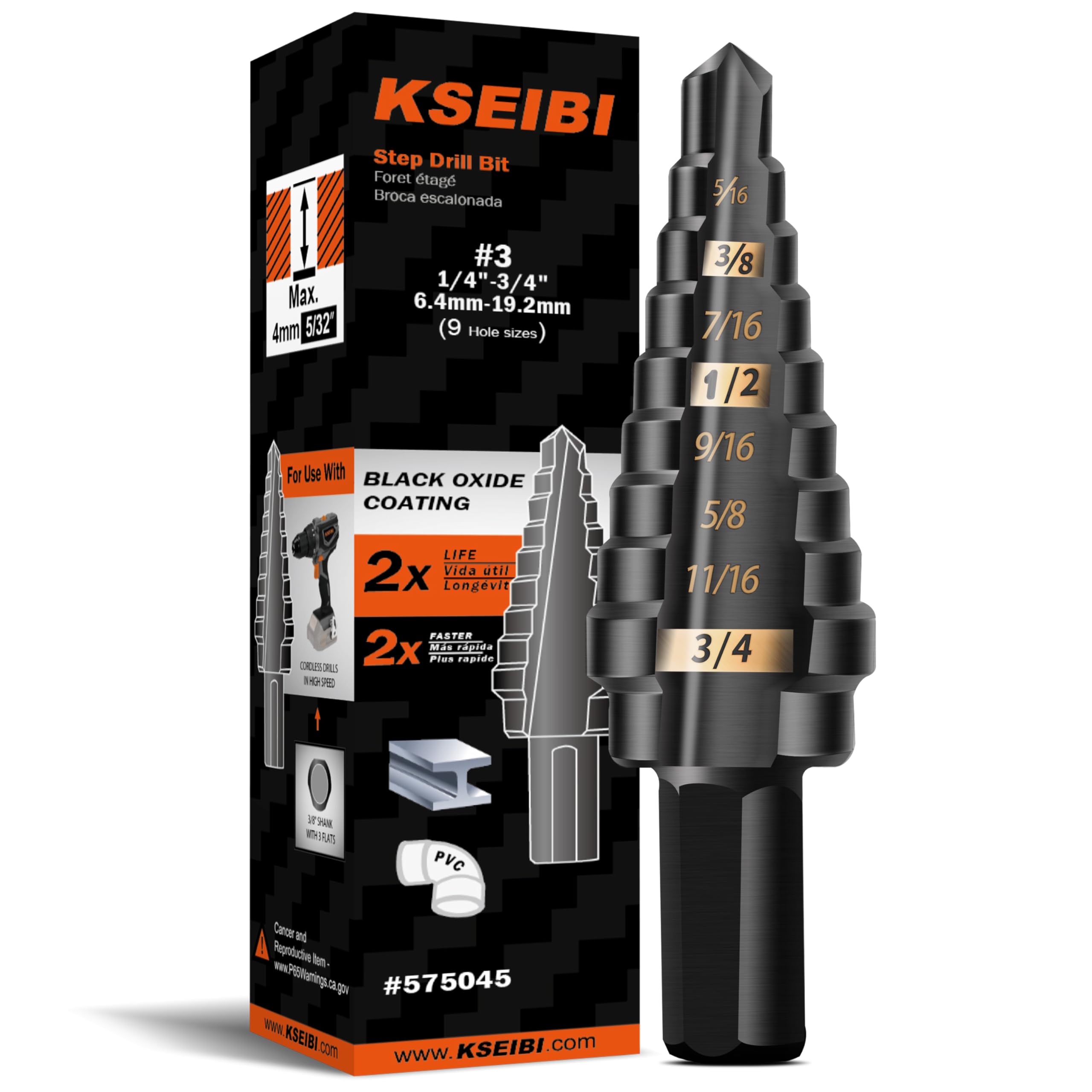 KSEIBI Step Drill Bit Set, High Speed Steel Black Oxide HSS Drill Bits with 3//8 Shank with 3 Flats for Woodworking, Metalworking (#3 (1/4-3/4 inch), 3-Flat)
