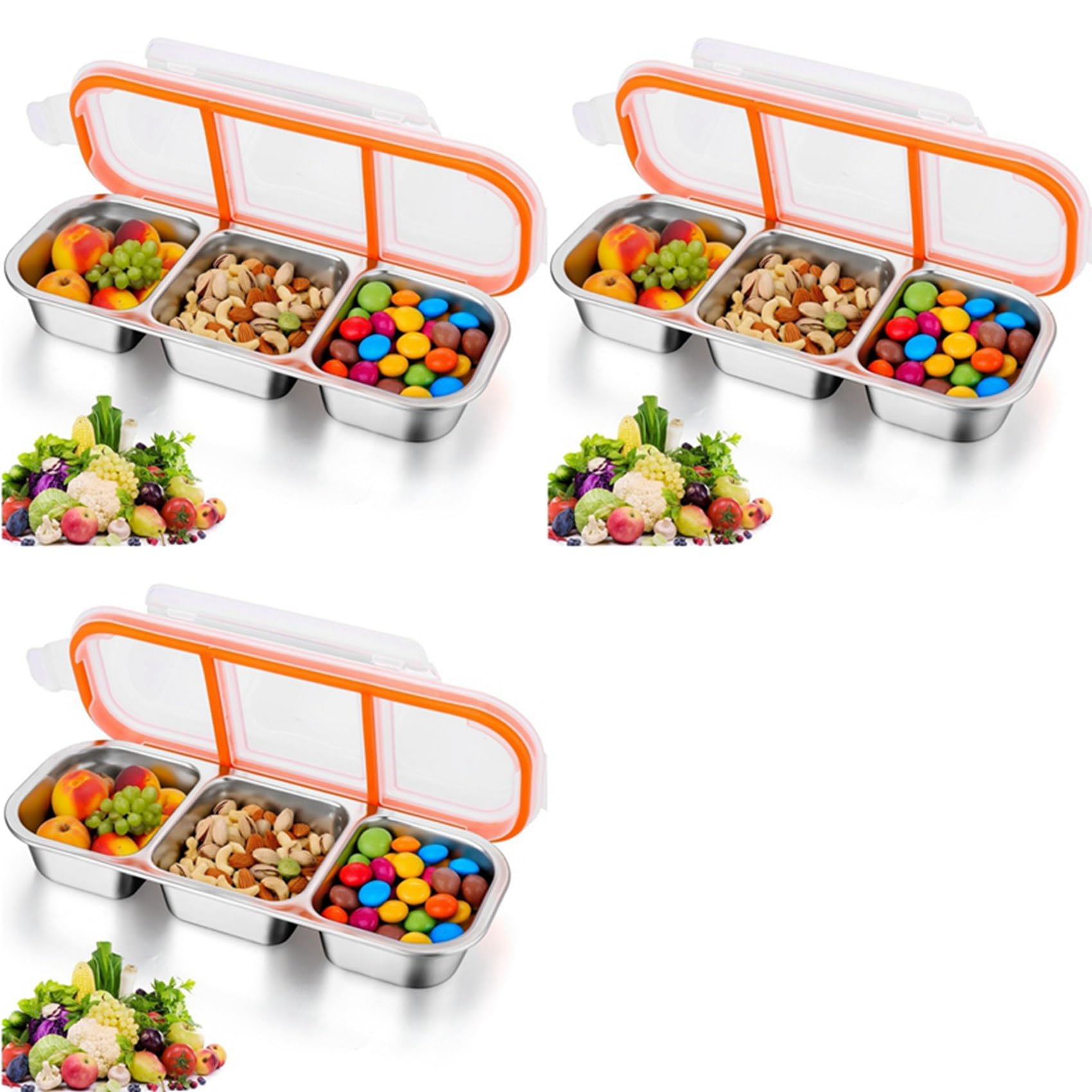 Hndhbfgrt 3X Stainless Steel Snack Containers with Lids,Metal Snack Containers, 3 Compartment Food Container
