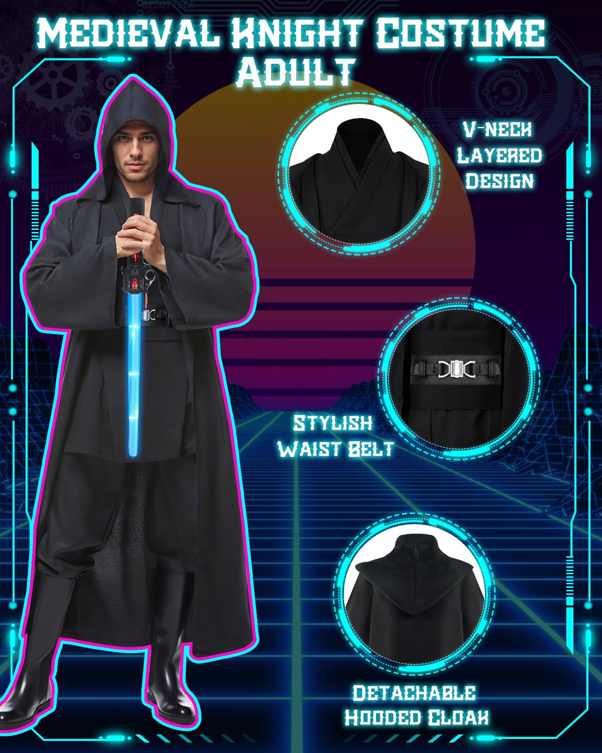 Ritter Kostüm Herren, Mittelalter Kostüm mit Umhang Lichtschwert, Ritter Robe Hoodies, Tunika Outfit Faschingskostüme Herren, Mittelalter Kostüms für Halloween Karneval Cosplay