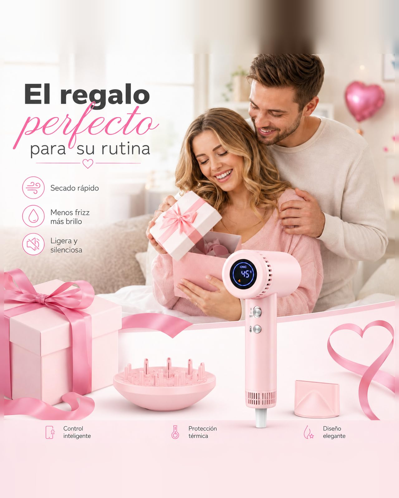 Secador de Pelo Profesional Iónico 160.000 RPM Secado Rápido | 500M Iones Negativos Antiencrespamiento, 9 Temperaturas, Control Inteligente, Autolimpieza, Difusor y Boquilla Magnética