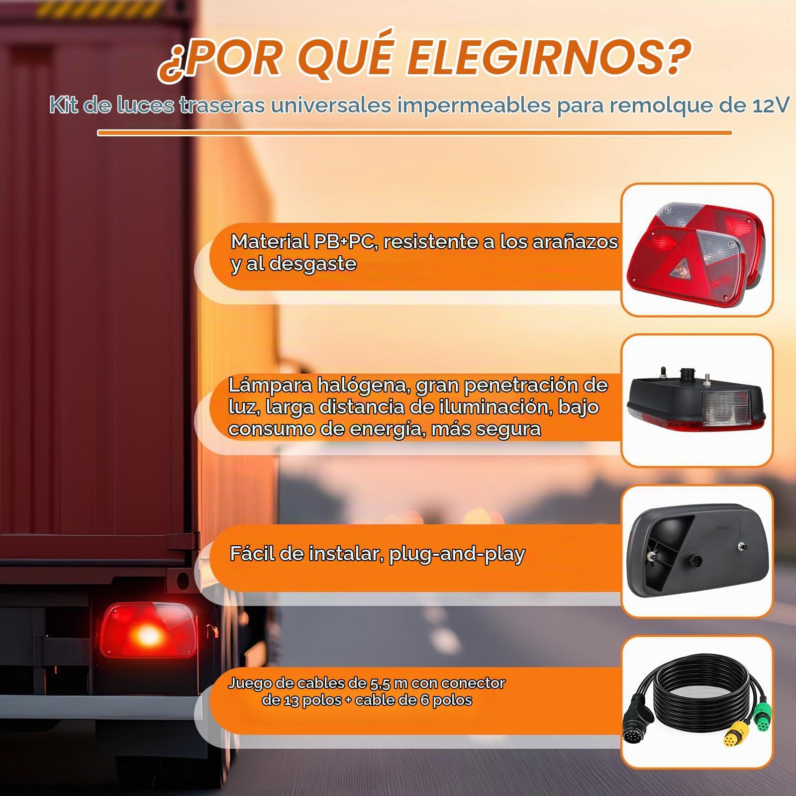 TLGREEN Juego de luces traseras para remolque iluminación de 13 pines 12V | luces traseras 7 funciones juego de 2 cables de 5,5 m, homologación E para coches camiones barcos caravanas y furgonetas