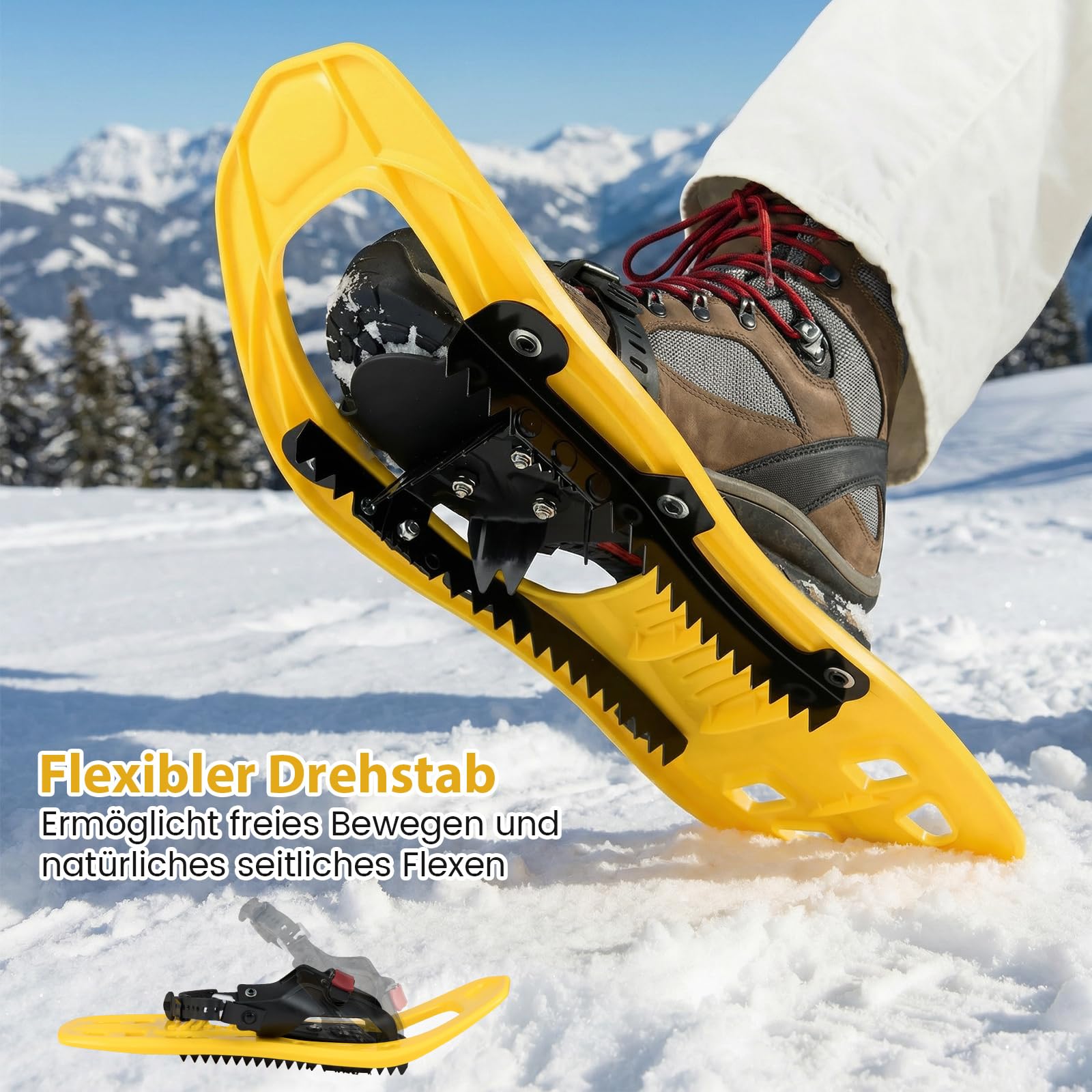 GYMAX 42 cm leichte Schneeschuhe, Schneeschuh-Set mit verstellbar Trekkingstöcke aus Alu & Tragetasche, Bergausrüstung Wandern auf Schnee für Kinder, belastbar bis zu 35 kg, Gelb