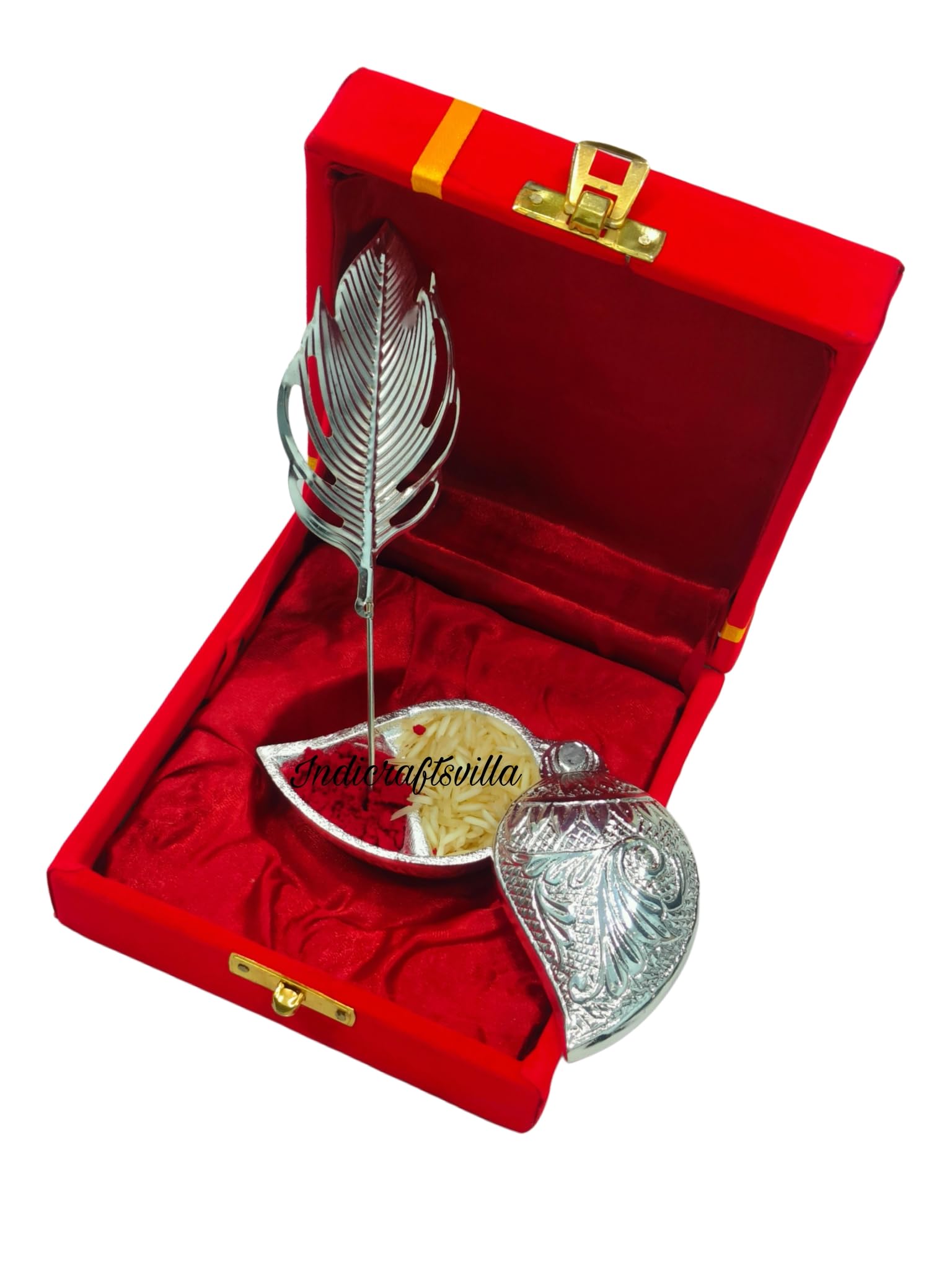 Indicraftsvilla Silver Plated Leaf Design Kumkum Box with Feather Stand in Red Velvet Box | Roli Chawal Holder for Pooja & Gift Purpose-image-29
