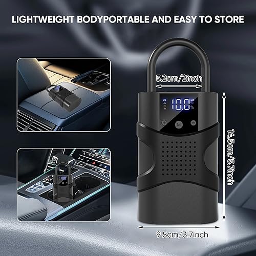 Miniatura 9 de Inflador de neumáticos, compresor de aire portátil inalámbrico, 150PSI 6.5 veces más rápido, inflador de neumáticos de automóvil con luces LED y