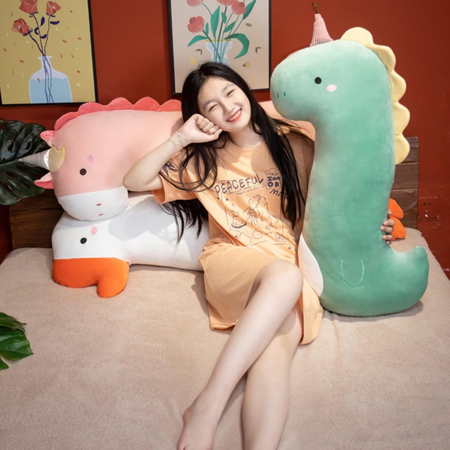 PEACH CAT Green Long Dinosaur Plush Pillow Cute Soft Dinosaur Stuffed Animal for Girls and Boys 35.4"