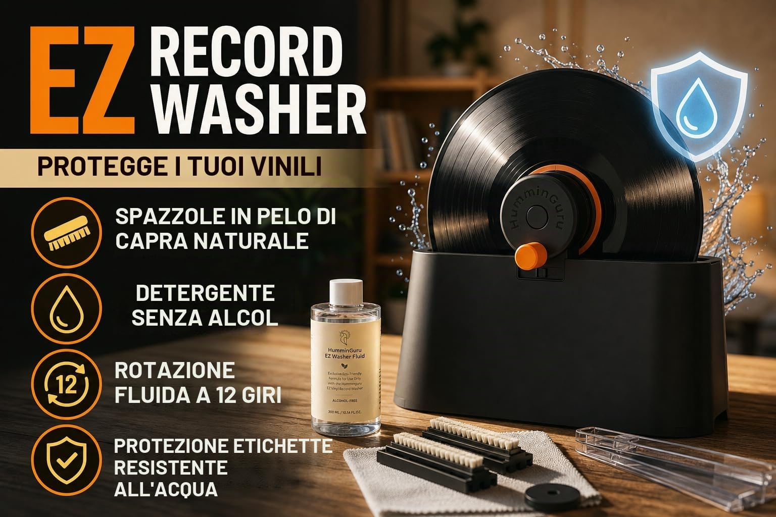 HumminGuru EZ Lavatrice per Dischi, Macchina Manuale per la Pulizia dei Dischi in Vinile con Rotazione Senza Sforzo LP e Morsetto Sicuro, Kit di Pulizia con Spazzole di Capra,Liquido,Stendino e Panno