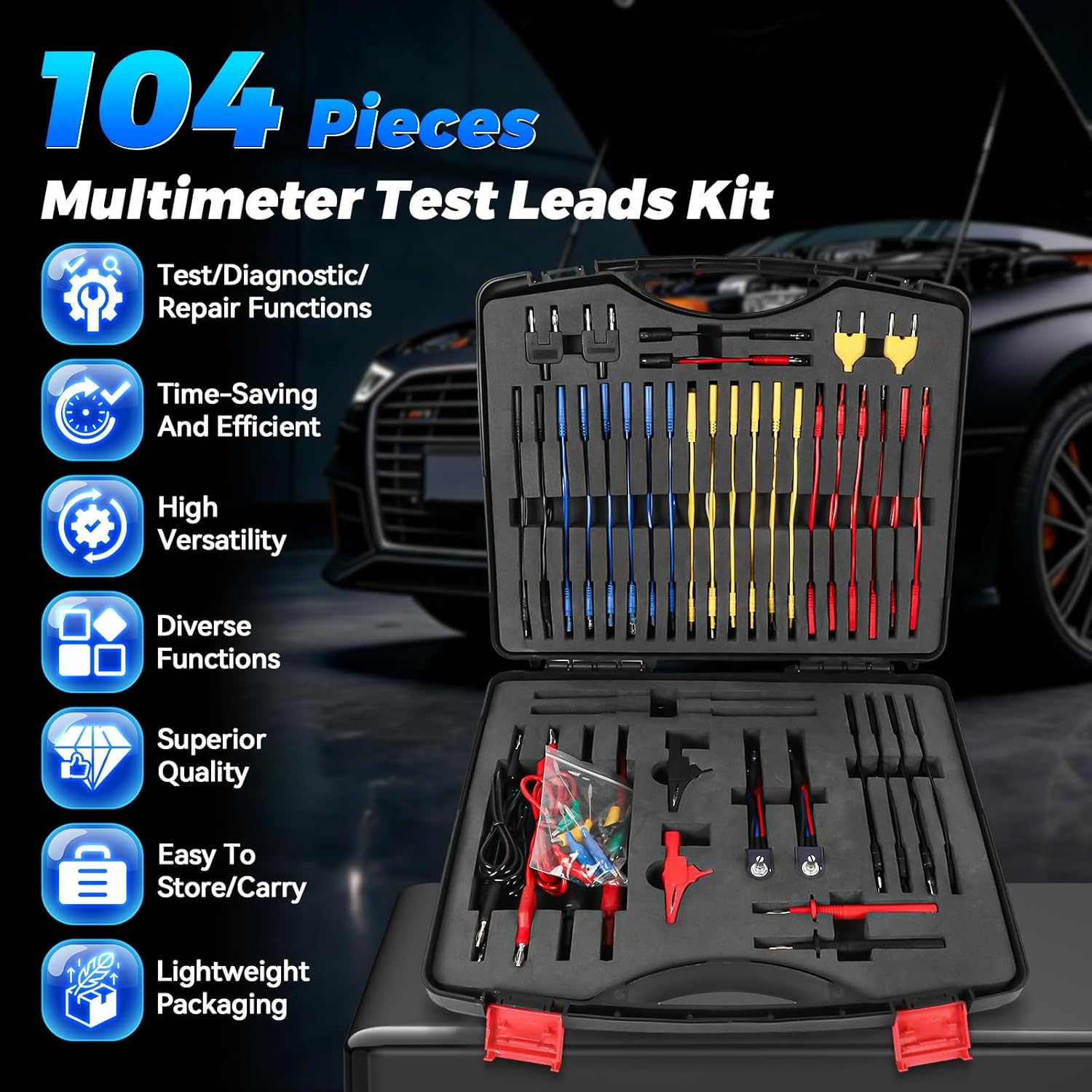 Autory 104PCS Automotive Circuit Test Leads Kit, Multimeter Terminal Test Leads Kit Multi Function Probe Test Kit with Heavy Duty Back Probes Test Lead Set Wire Connectors Set with Black Carrying Case