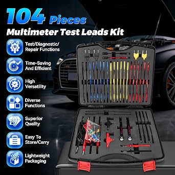 Autory 104PCS Automotive Circuit Test Leads Kit, Multimeter Terminal Test Leads Kit Multi Function Probe Test Kit with Heavy Duty Back Probes Test Lead Set Wire Connectors Set with Black Carrying Case