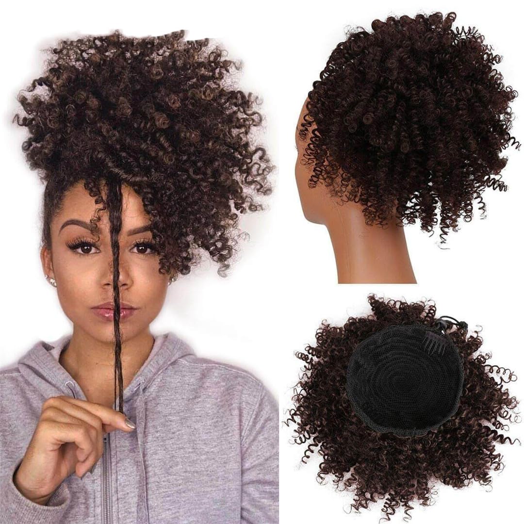 Wjnvfioo Synthetic Afro Puff Curly Chignon 12Inch Short Kinky Curly Drawstring Ponytailtail Hair Extension Hairpieces For Women 1B-Black Medium#1 PC
