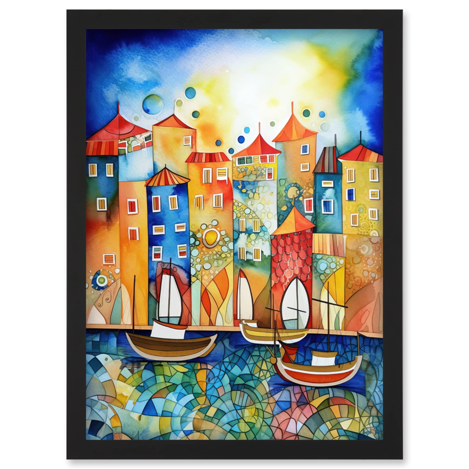 Artery8 Abstract Sailing Seafront Folk Art Wall Art PrintA4 Size from B&Q