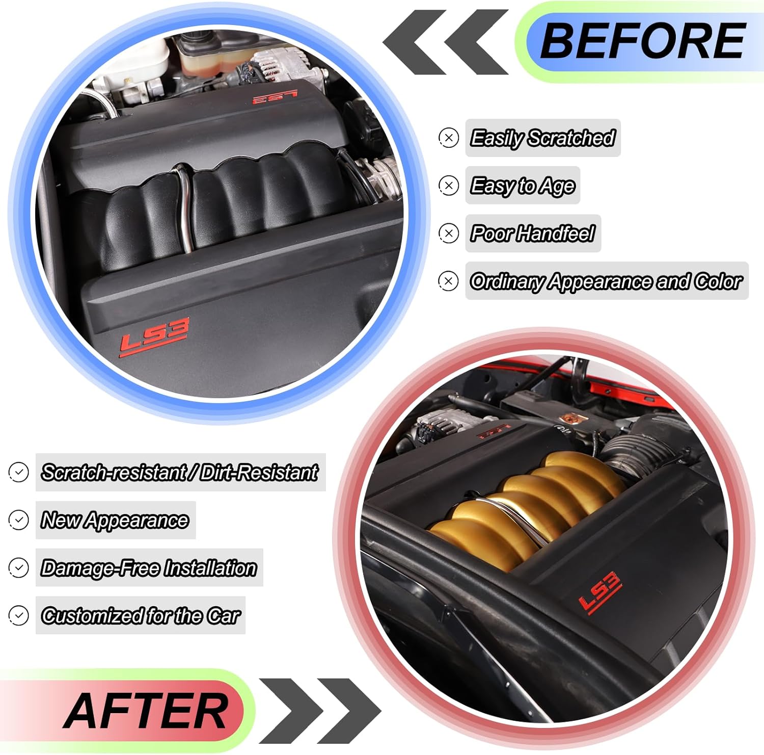 Engine Intake Plenum Manifold Cover for Chevy Corvette C6 2005-2013 (Not Fit ZR1), Vented Plenum Engine Cover, Engine Compartment Appearance Cover Decorative Accessories, Aluminum Alloy (Gold)