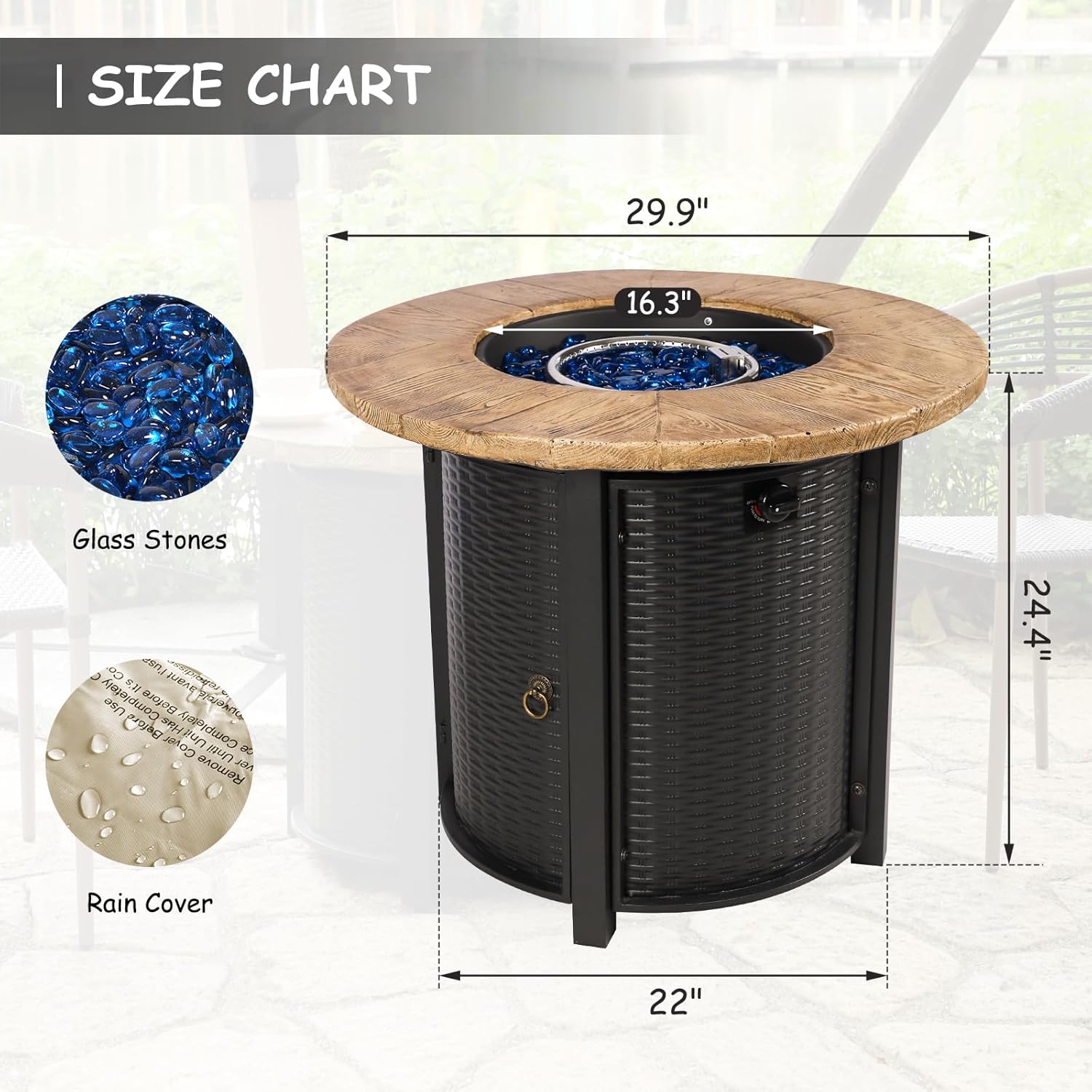 30 Inch Round Propane Fire Pit Table,50,000 BTU Iron Gas Fire Pit with Lid,Ignition Systems,w/Glass Stones and Rain Cover,Outdoor Firepit Table for Patio & Deck