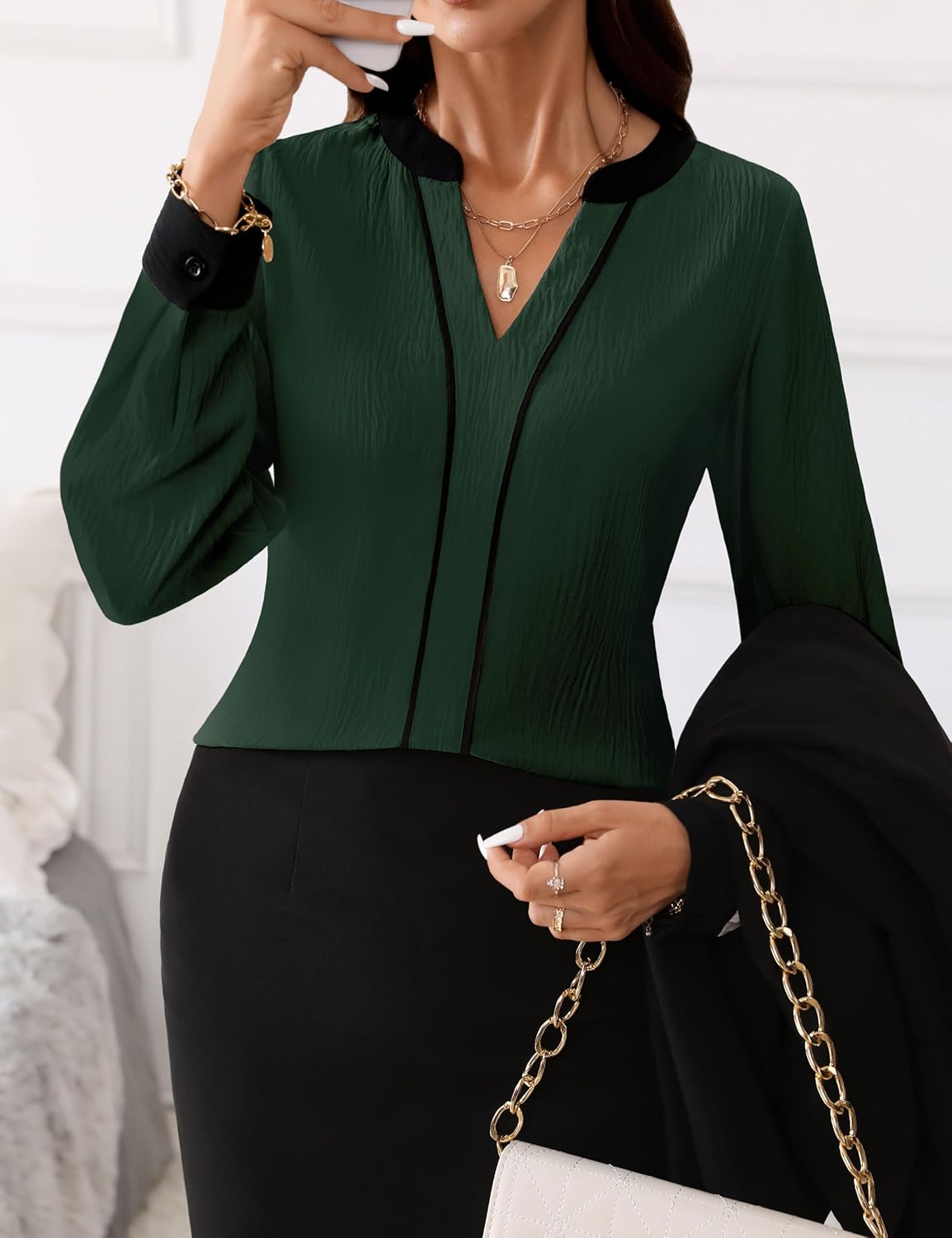 Fayenne Womens Tops Dressy Casual V Neck Color Block Business Casual Blouses Long Sleeve Work Shirts Fall Trendy Clothes - Image 2