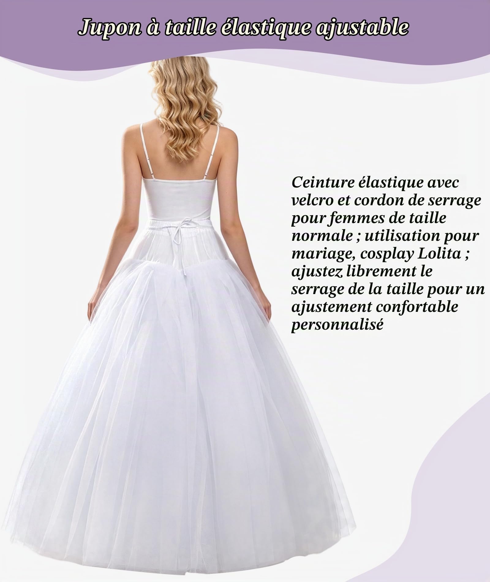 Jupon sans Cerceau en Crinoline A-Line Slips pour Robe de mariée Longueur au Sol, Blanc, Taille Unique