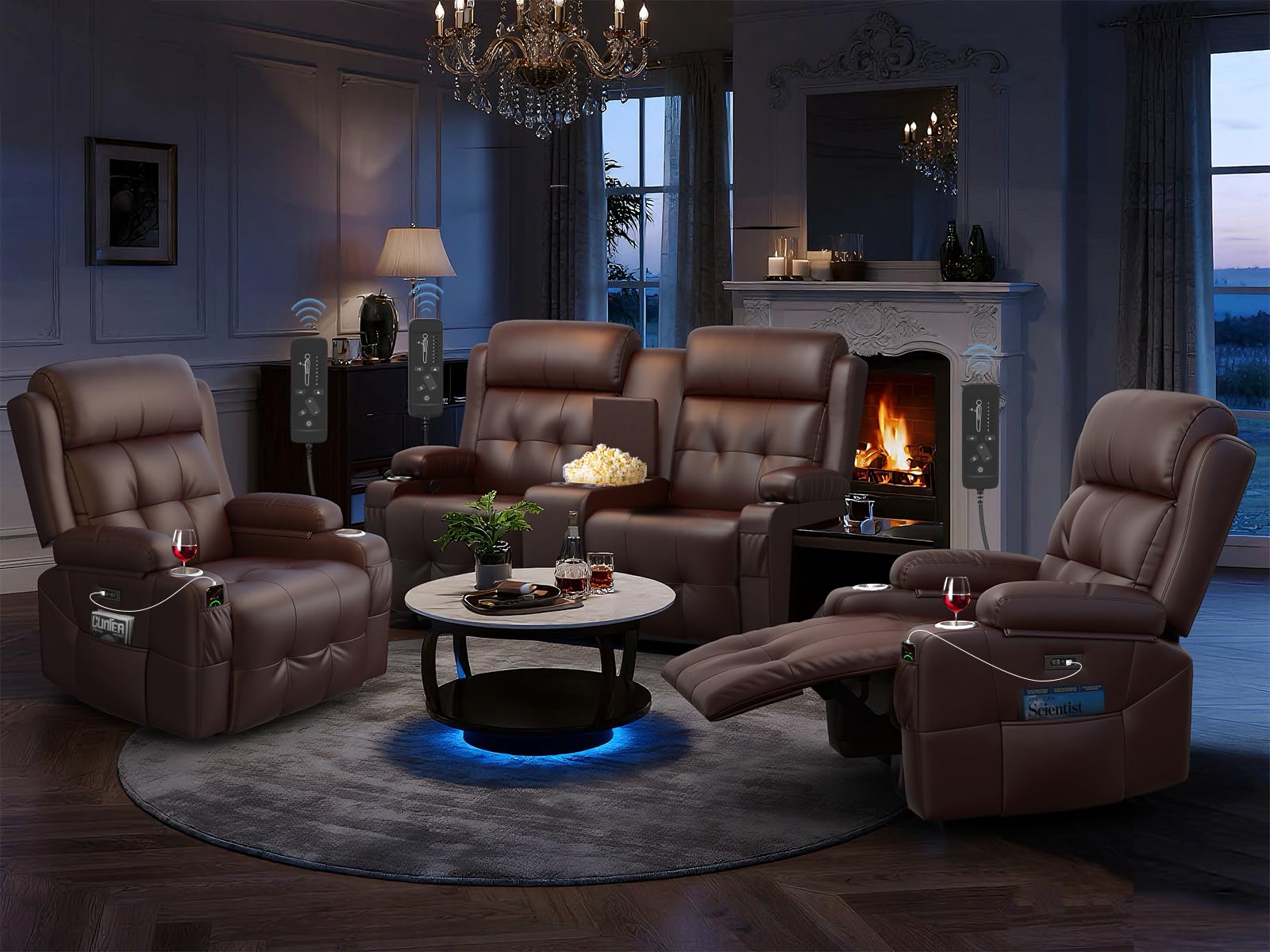 RV Loveseat Recliner Sofa Set, Home Theater Seating with Console &amp; Massage