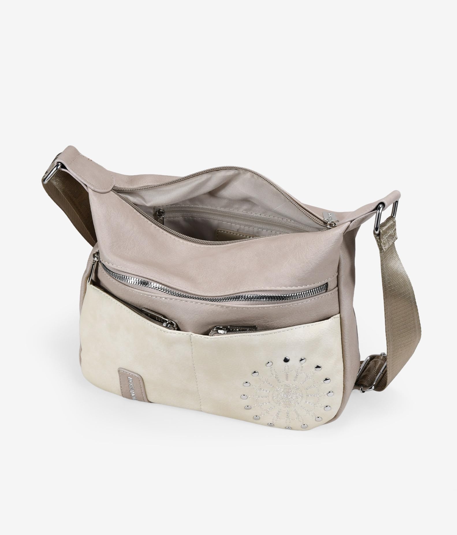 BOSANOVA Bolso Bandolera para Mujer con Tres Bolsillos Frontales, Bordado Decorativo con tachas y asa de Cruzar Regulable. Cierre con Cremallera. Beige U