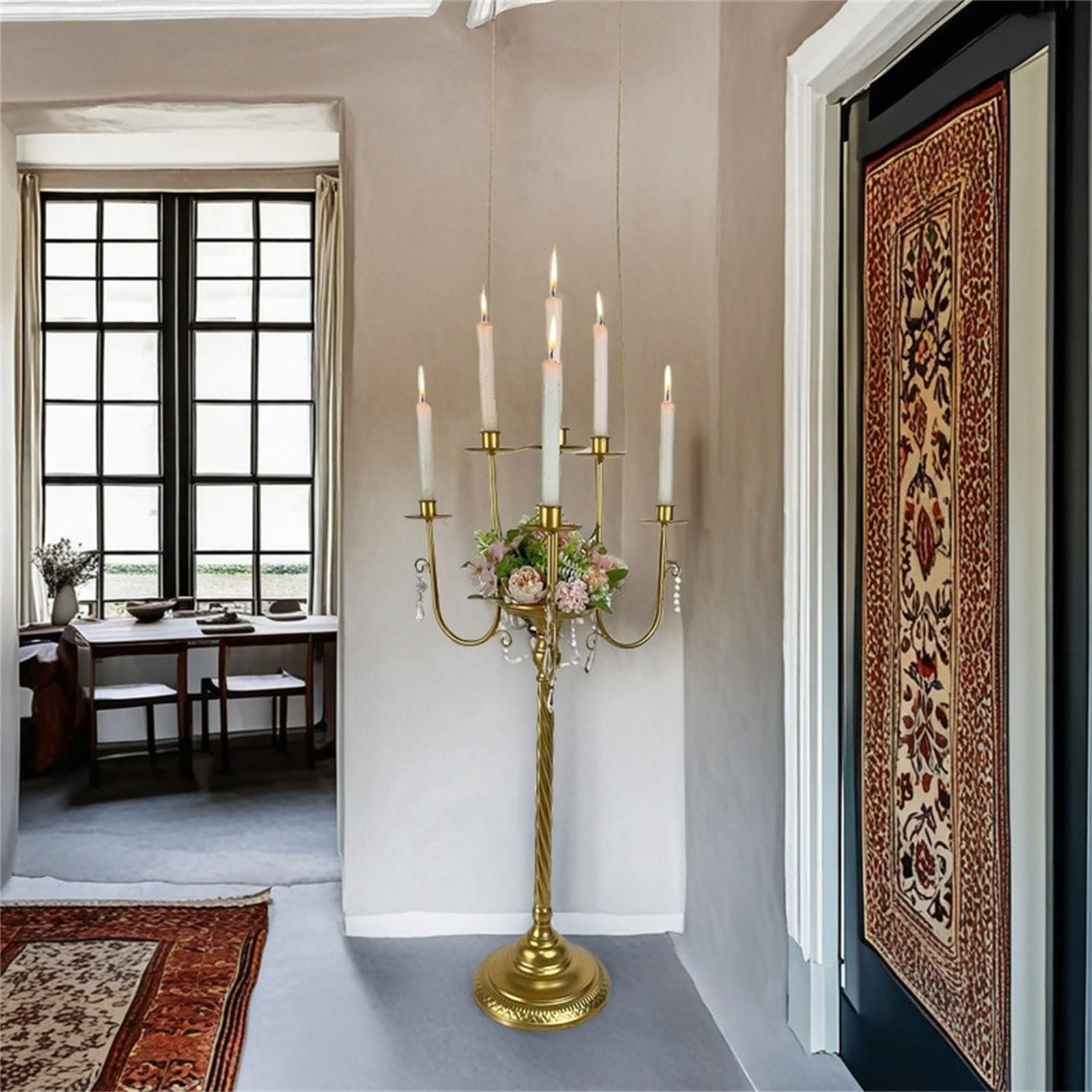Candelabro europeo in metallo decorato con cristalli, portacandele dorati, per centrotavola di nozze ed eventi, matrimoni, banchetti, centrotavola, candelabri