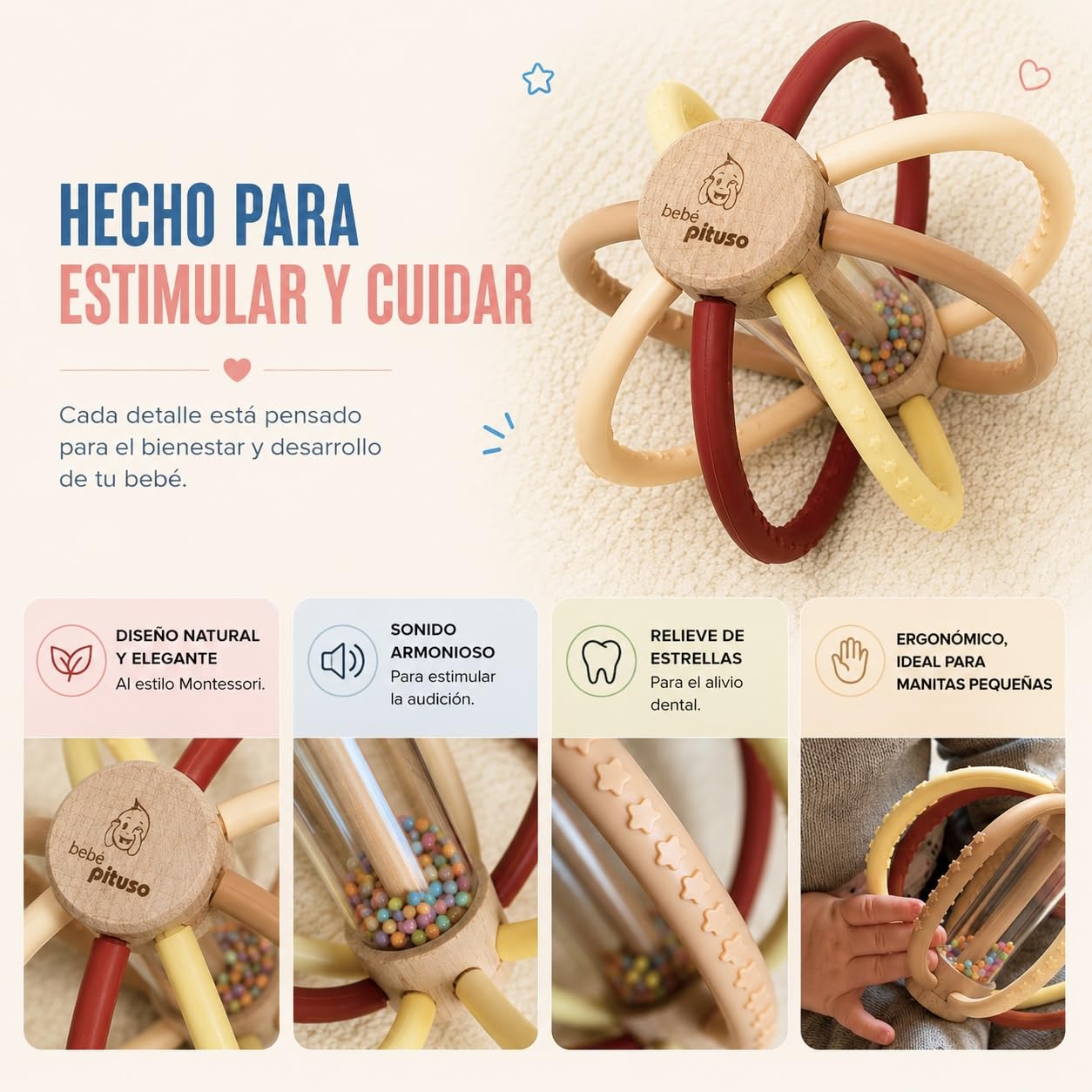 Sonajero Mordedor con Palo de Lluvia Bebe | Montessori bebe 0-6 meses y 6-12 meses | Mordedor de Silicona y Madera para Alivio de las Encias | Juguete Estimulación temprana y Tummy Time (Blue Ocean)