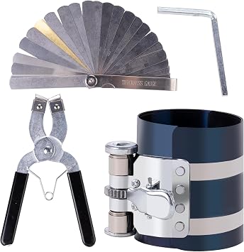 Piston Ring Compressor Tool Car Engine Piston Ring Installer Removal Kit Adjustable Sizes From 2-1/8 Inches To 7 Inches,with Piston Installer Plier and Stainless Steel Feeler Gauge