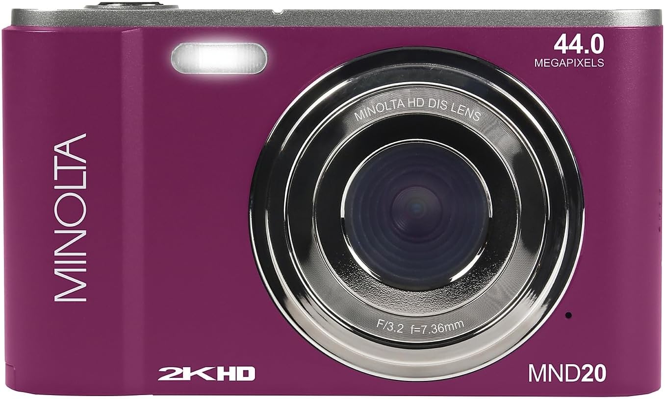 Minolta MND20 44MP Digital Camera – 2.7K Ultra HD Video, 16X Digital Zoom, Anti-Shake Stabilization, Time Lapse, Face Detection, 2.9-inch LCD Display – Lightweight Compact Camera (Magenta)